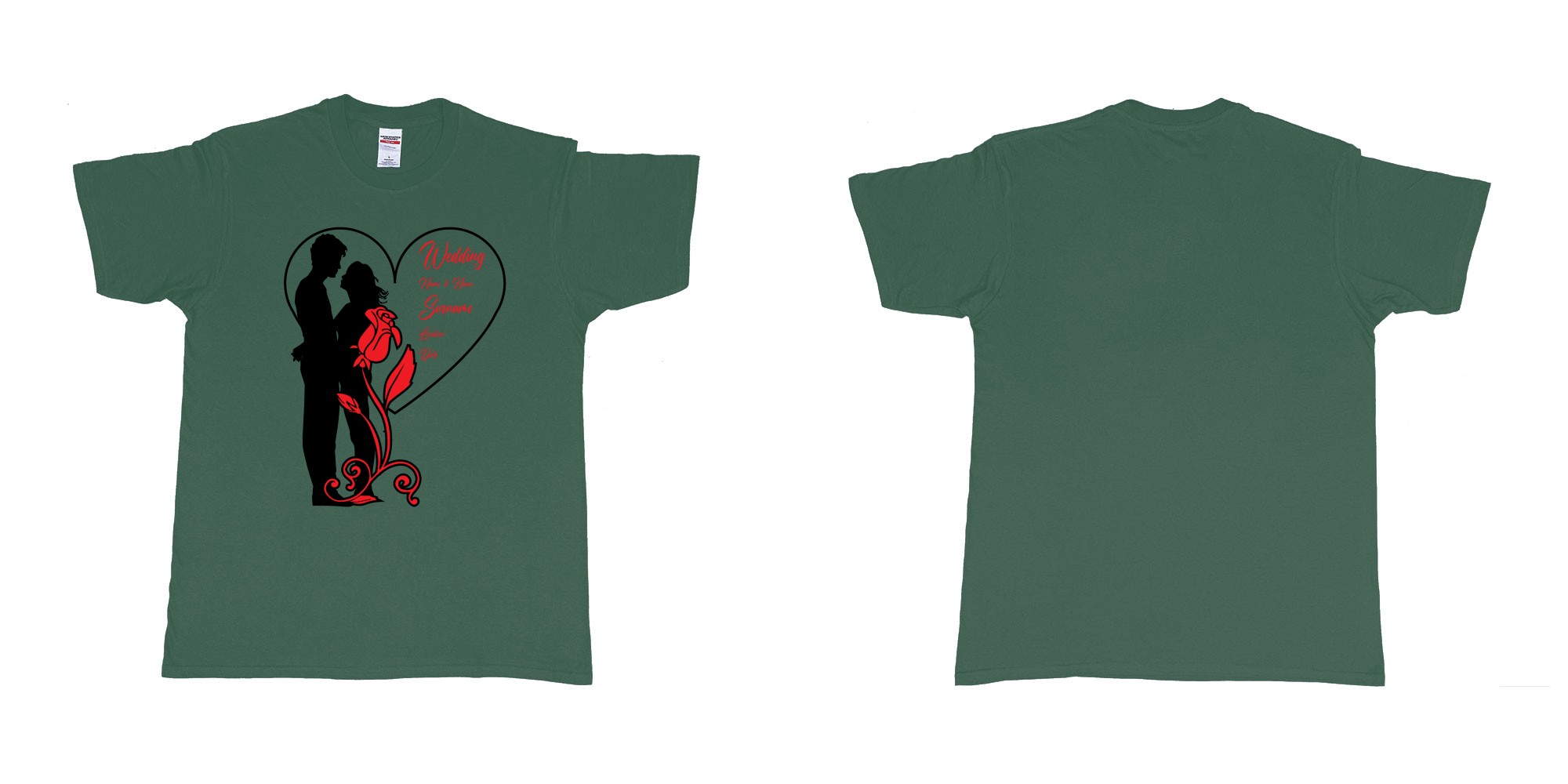 Custom tshirt design wedding couple rose heart in fabric color forest-green choice your own text made in Bali by The Pirate Way