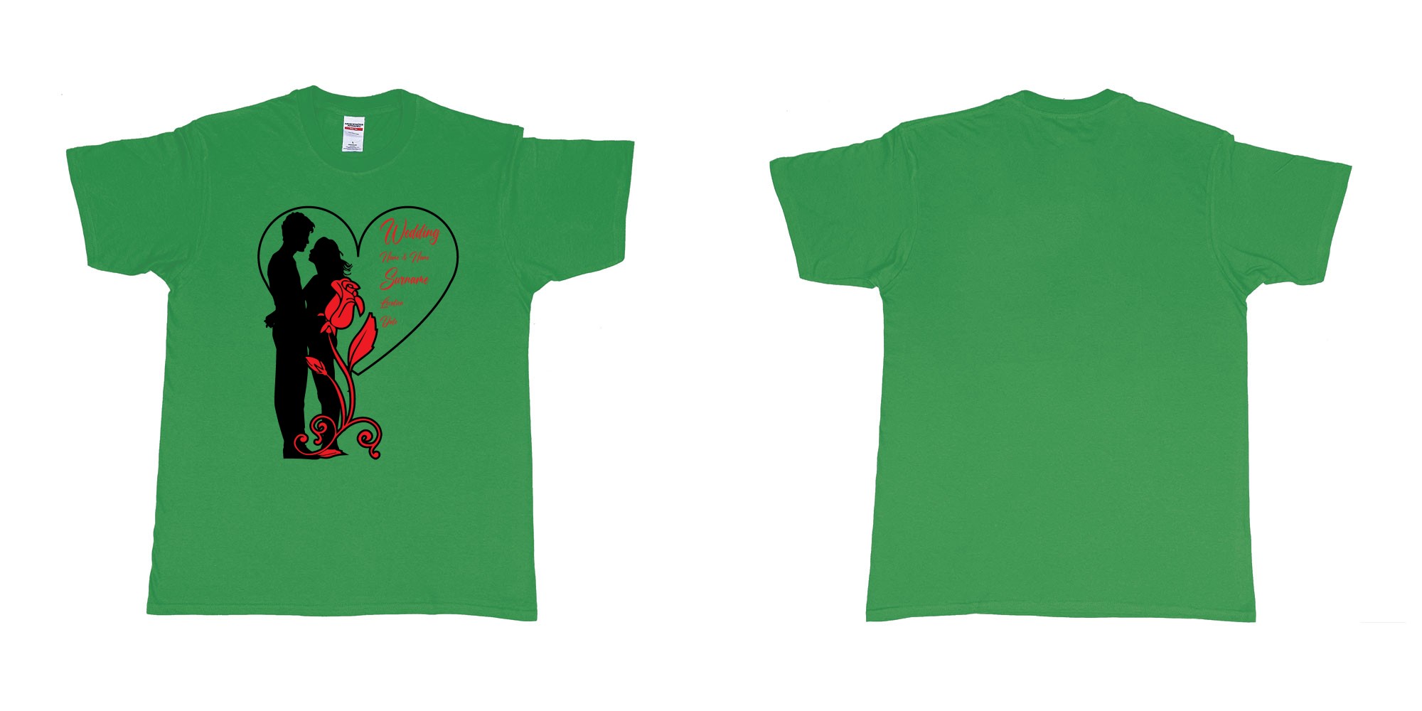 Custom tshirt design wedding couple rose heart in fabric color irish-green choice your own text made in Bali by The Pirate Way