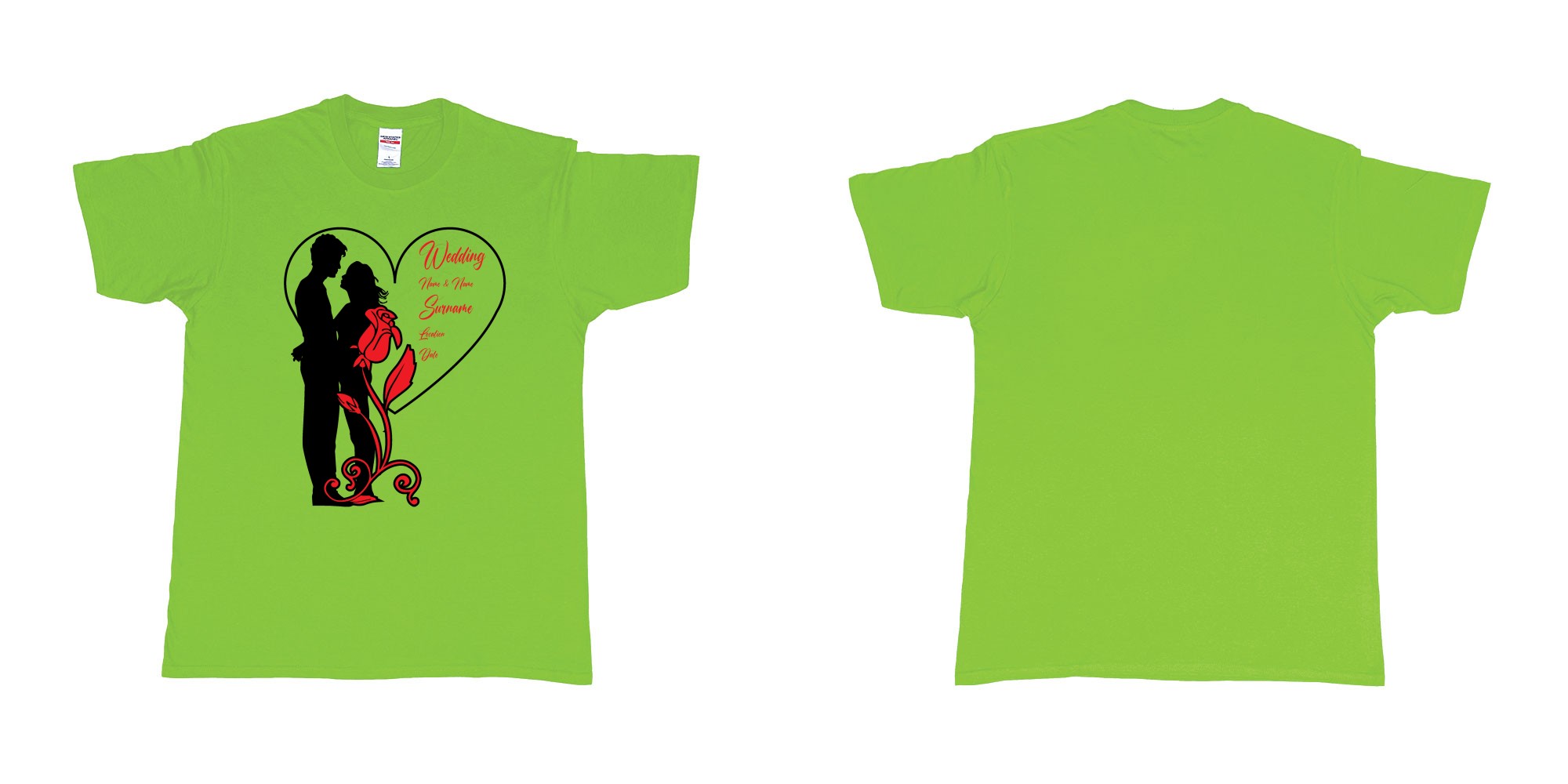 Custom tshirt design wedding couple rose heart in fabric color lime choice your own text made in Bali by The Pirate Way