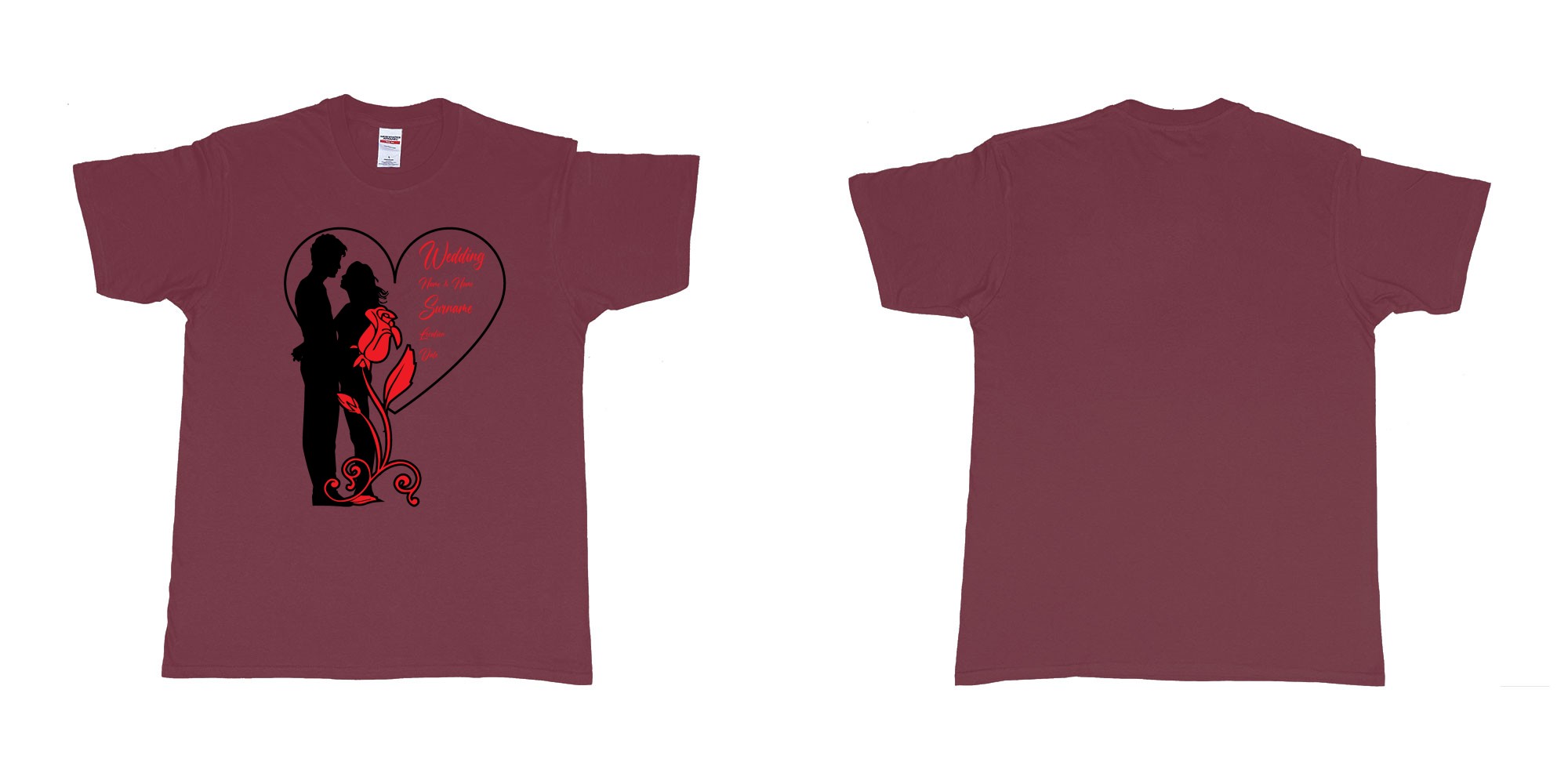 Custom tshirt design wedding couple rose heart in fabric color marron choice your own text made in Bali by The Pirate Way
