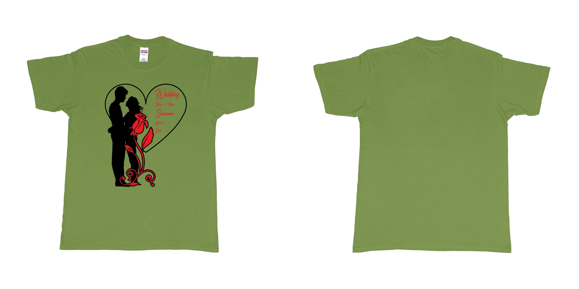 Custom tshirt design wedding couple rose heart in fabric color military-green choice your own text made in Bali by The Pirate Way