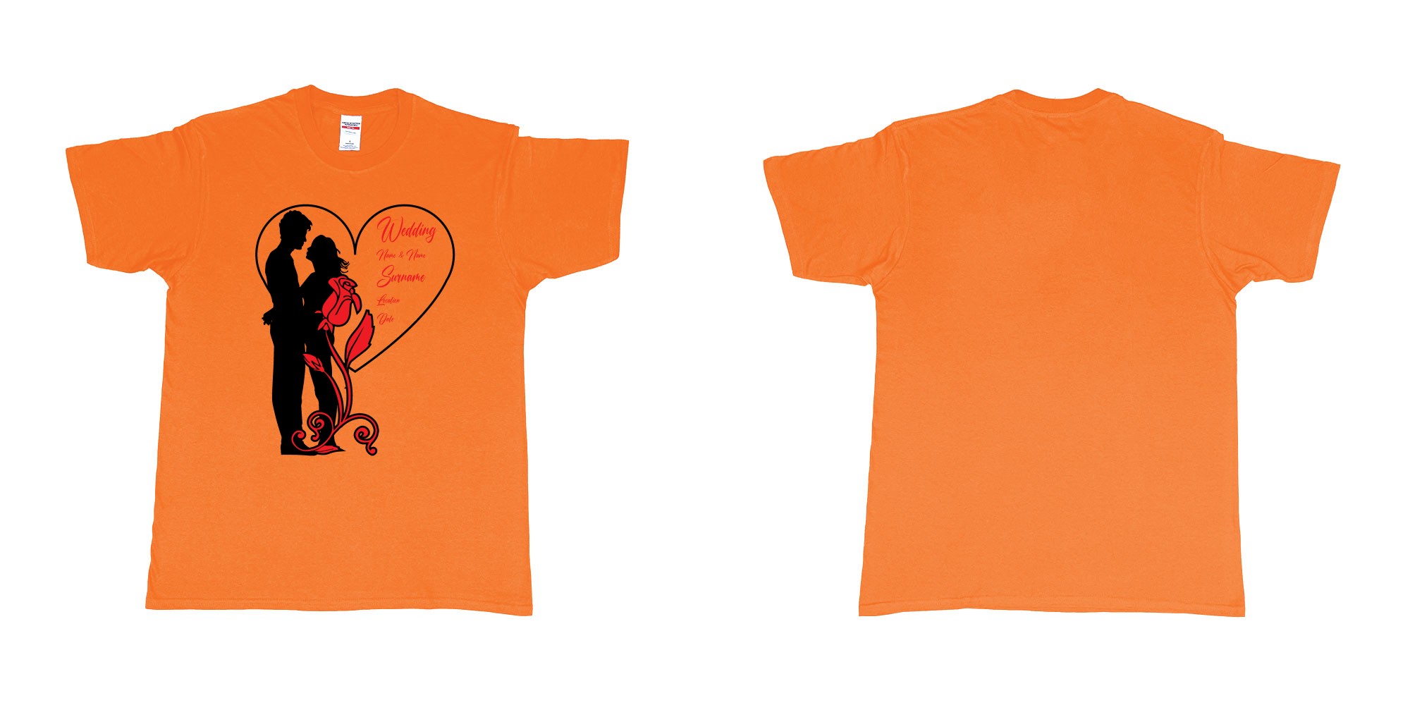 Custom tshirt design wedding couple rose heart in fabric color orange choice your own text made in Bali by The Pirate Way