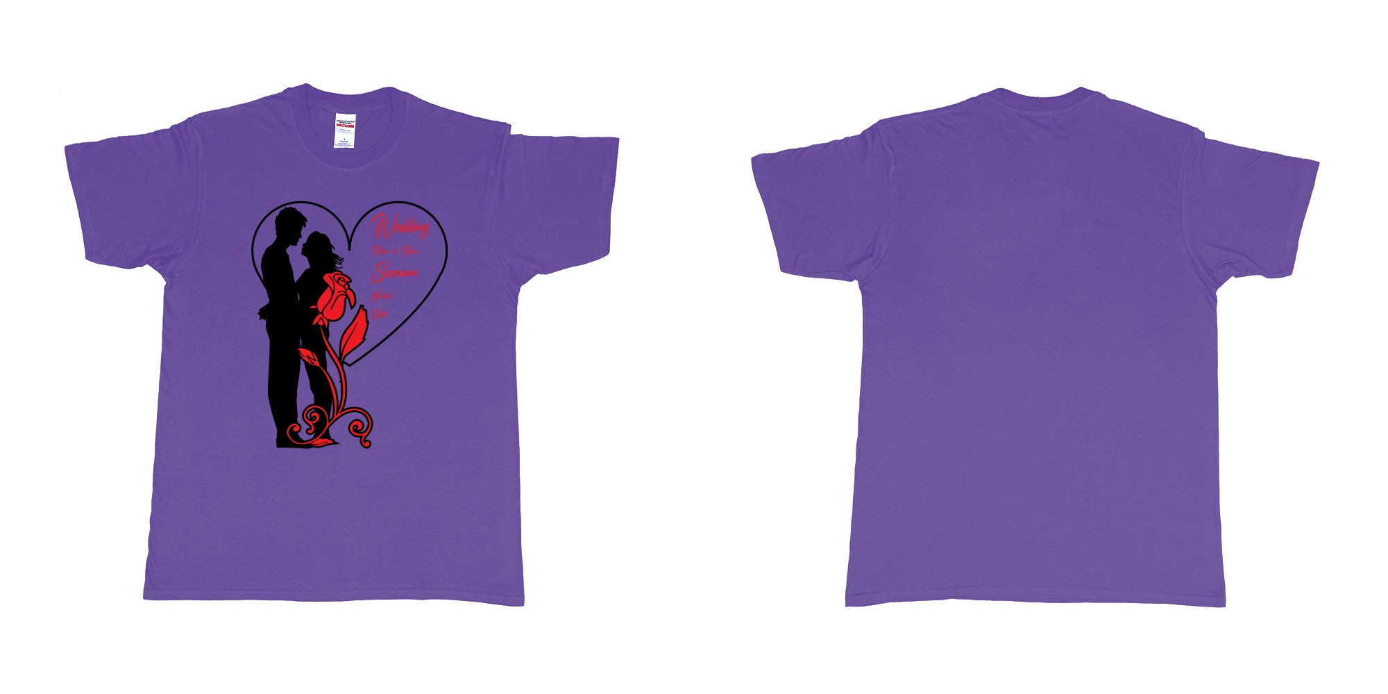 Custom tshirt design wedding couple rose heart in fabric color purple choice your own text made in Bali by The Pirate Way