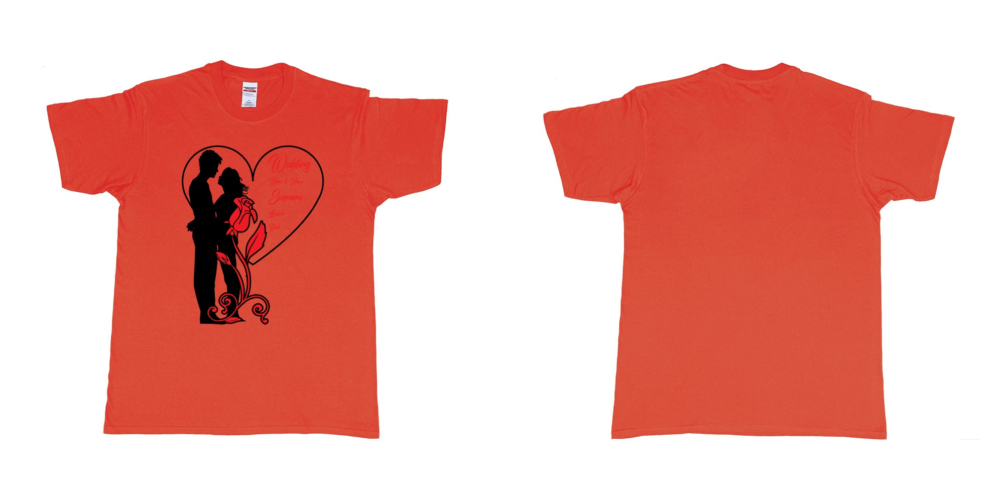 Custom tshirt design wedding couple rose heart in fabric color red choice your own text made in Bali by The Pirate Way
