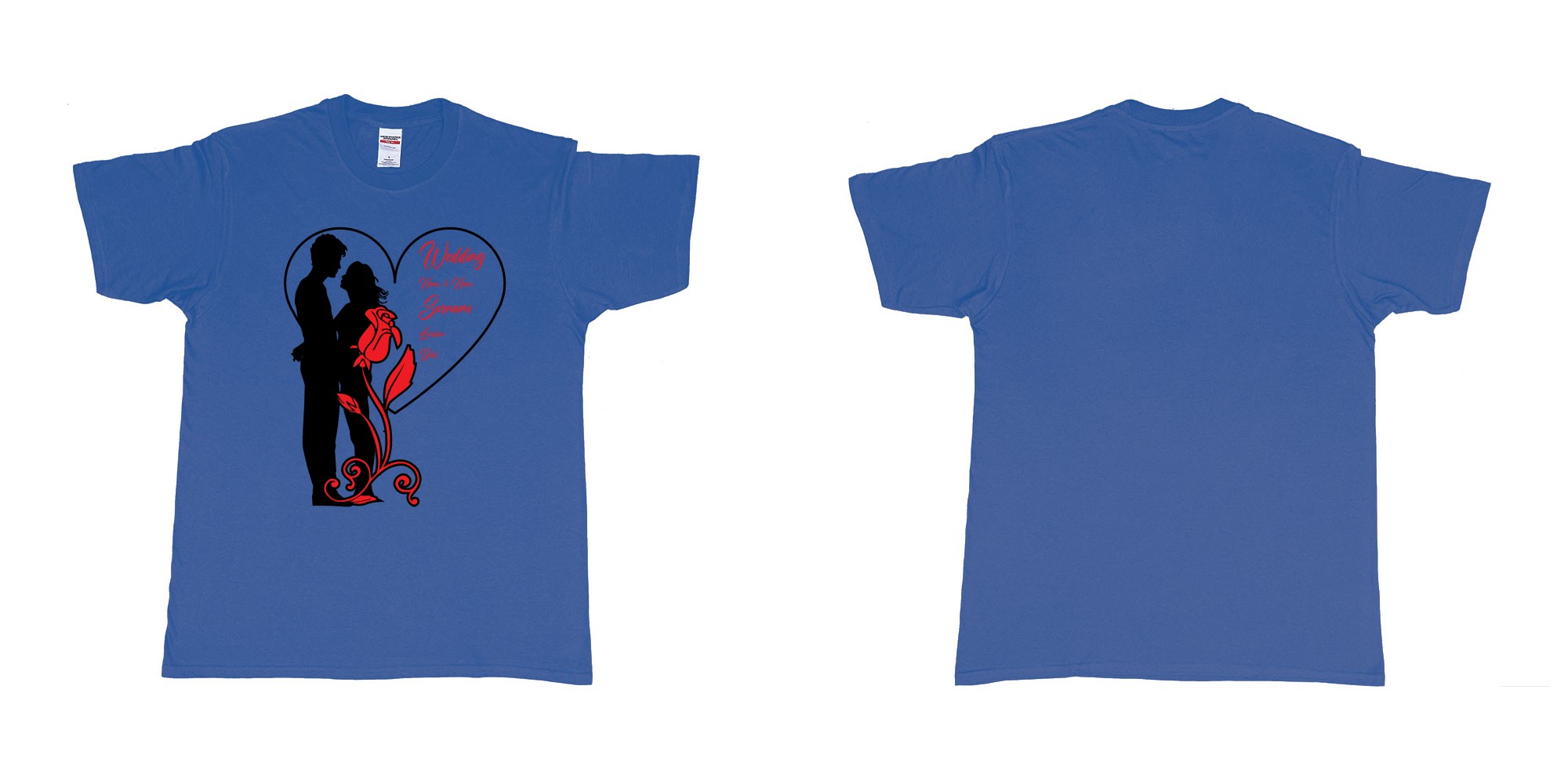Custom tshirt design wedding couple rose heart in fabric color royal-blue choice your own text made in Bali by The Pirate Way