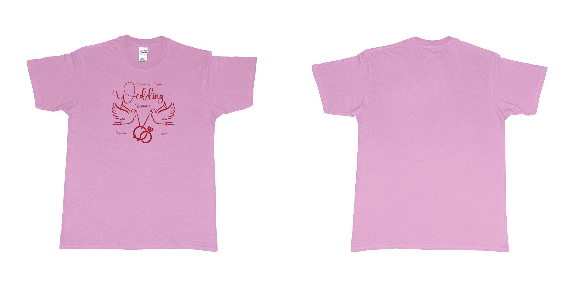 Custom tshirt design wedding doves holding rings in fabric color light-pink choice your own text made in Bali by The Pirate Way