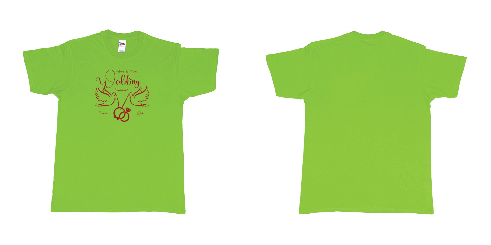 Custom tshirt design wedding doves holding rings in fabric color lime choice your own text made in Bali by The Pirate Way