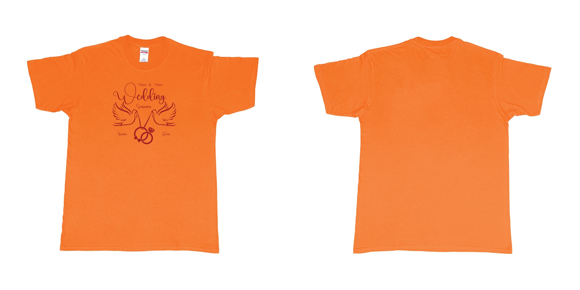 Custom tshirt design wedding doves holding rings in fabric color orange choice your own text made in Bali by The Pirate Way