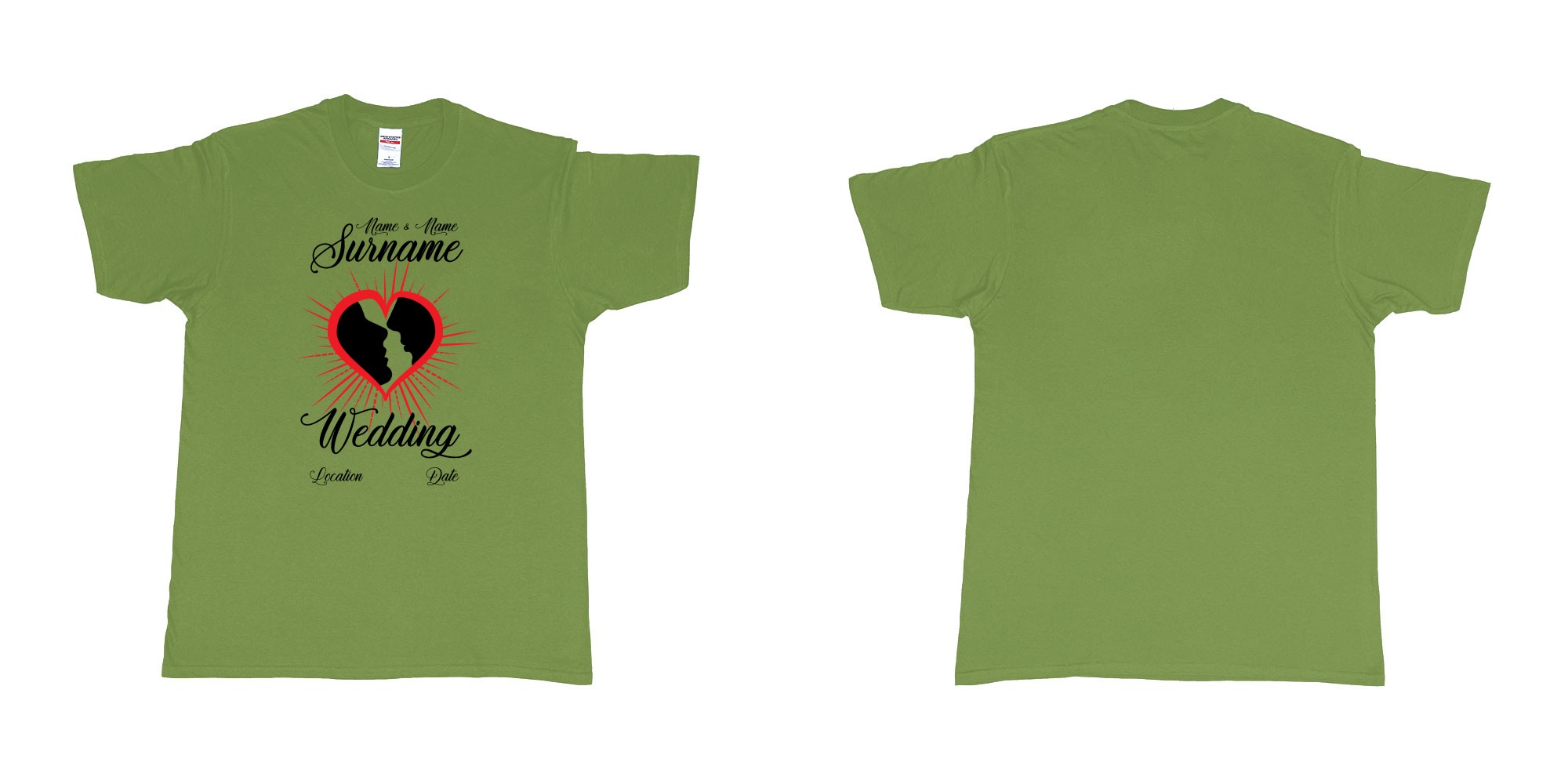 Custom tshirt design wedding heart kiss custom names surname location date bali in fabric color military-green choice your own text made in Bali by The Pirate Way