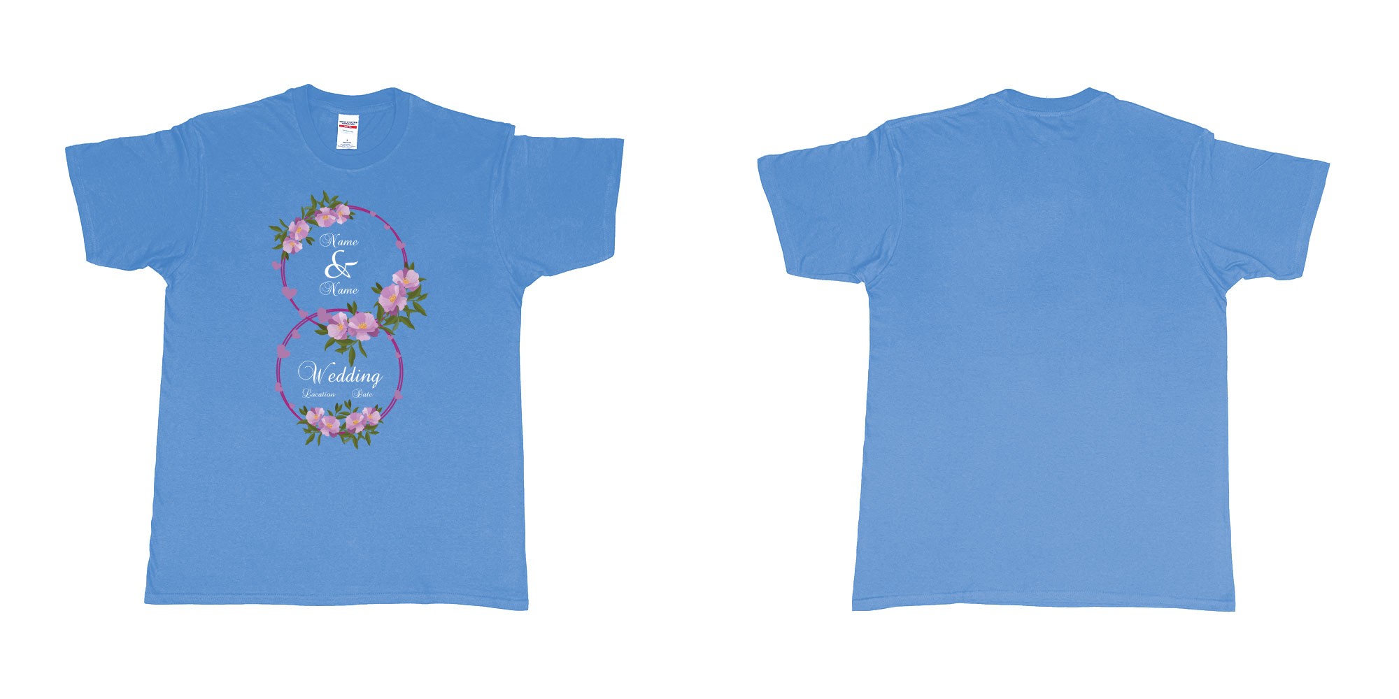 Custom tshirt design wedding hearts flower rings in fabric color carolina-blue choice your own text made in Bali by The Pirate Way