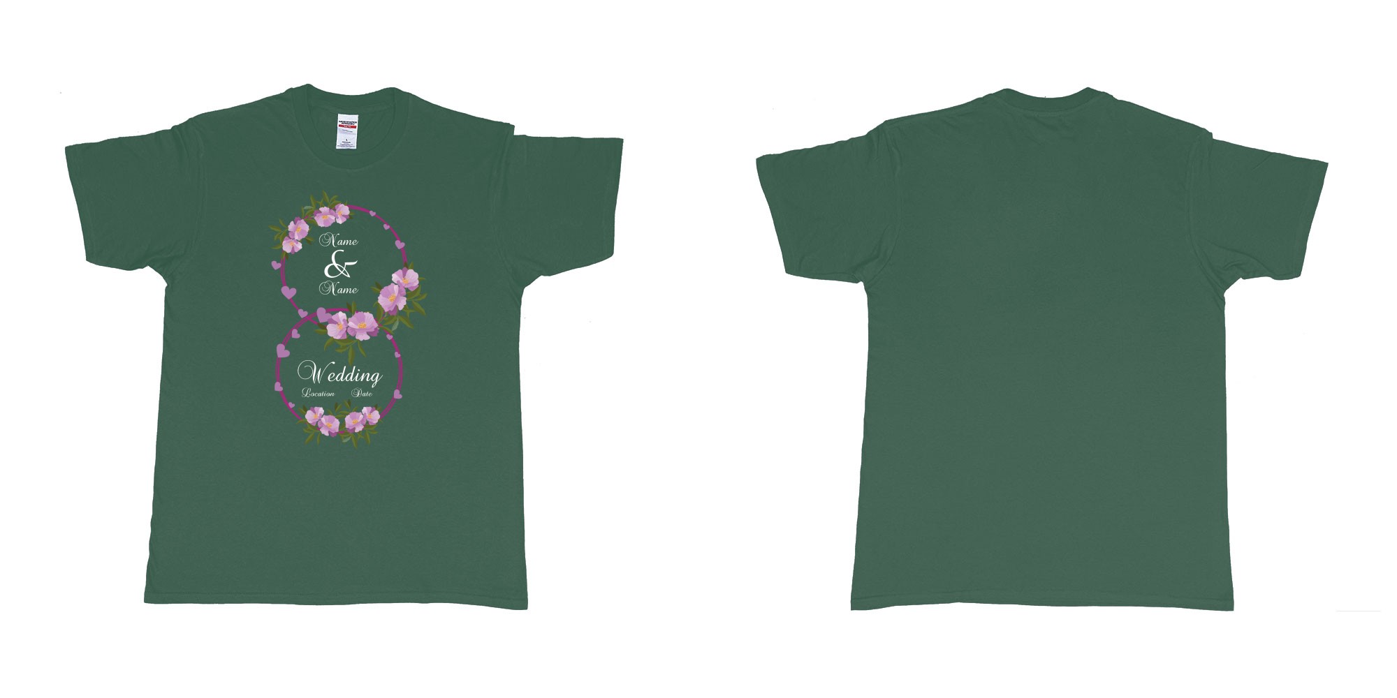 Custom tshirt design wedding hearts flower rings in fabric color forest-green choice your own text made in Bali by The Pirate Way