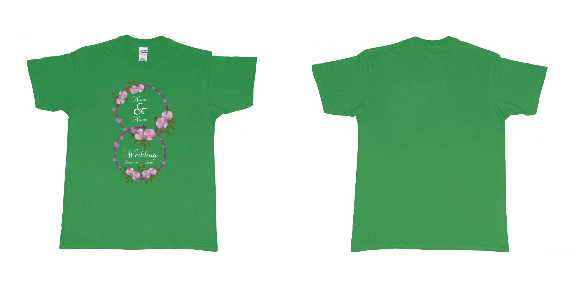 Custom tshirt design wedding hearts flower rings in fabric color irish-green choice your own text made in Bali by The Pirate Way