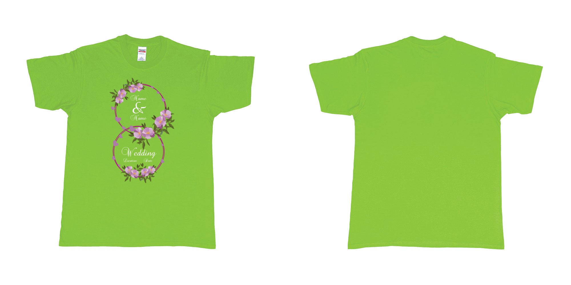 Custom tshirt design wedding hearts flower rings in fabric color lime choice your own text made in Bali by The Pirate Way