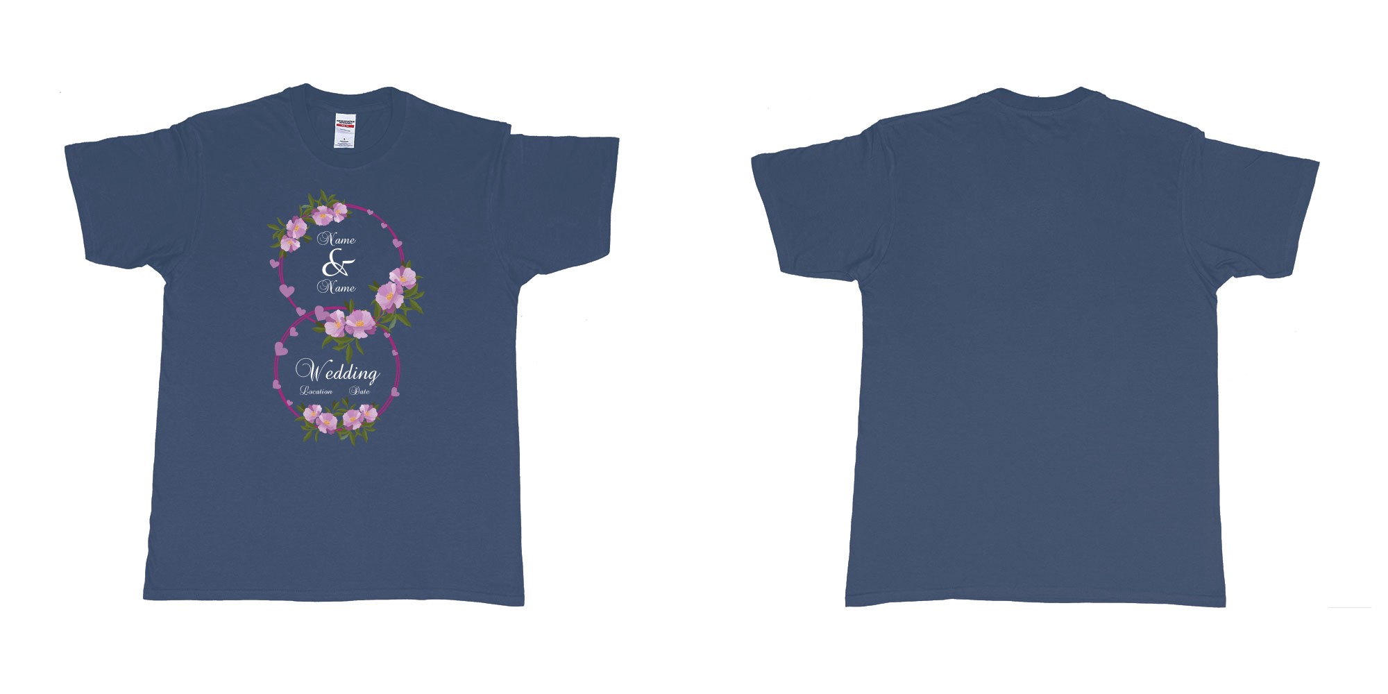 Custom tshirt design wedding hearts flower rings in fabric color navy choice your own text made in Bali by The Pirate Way