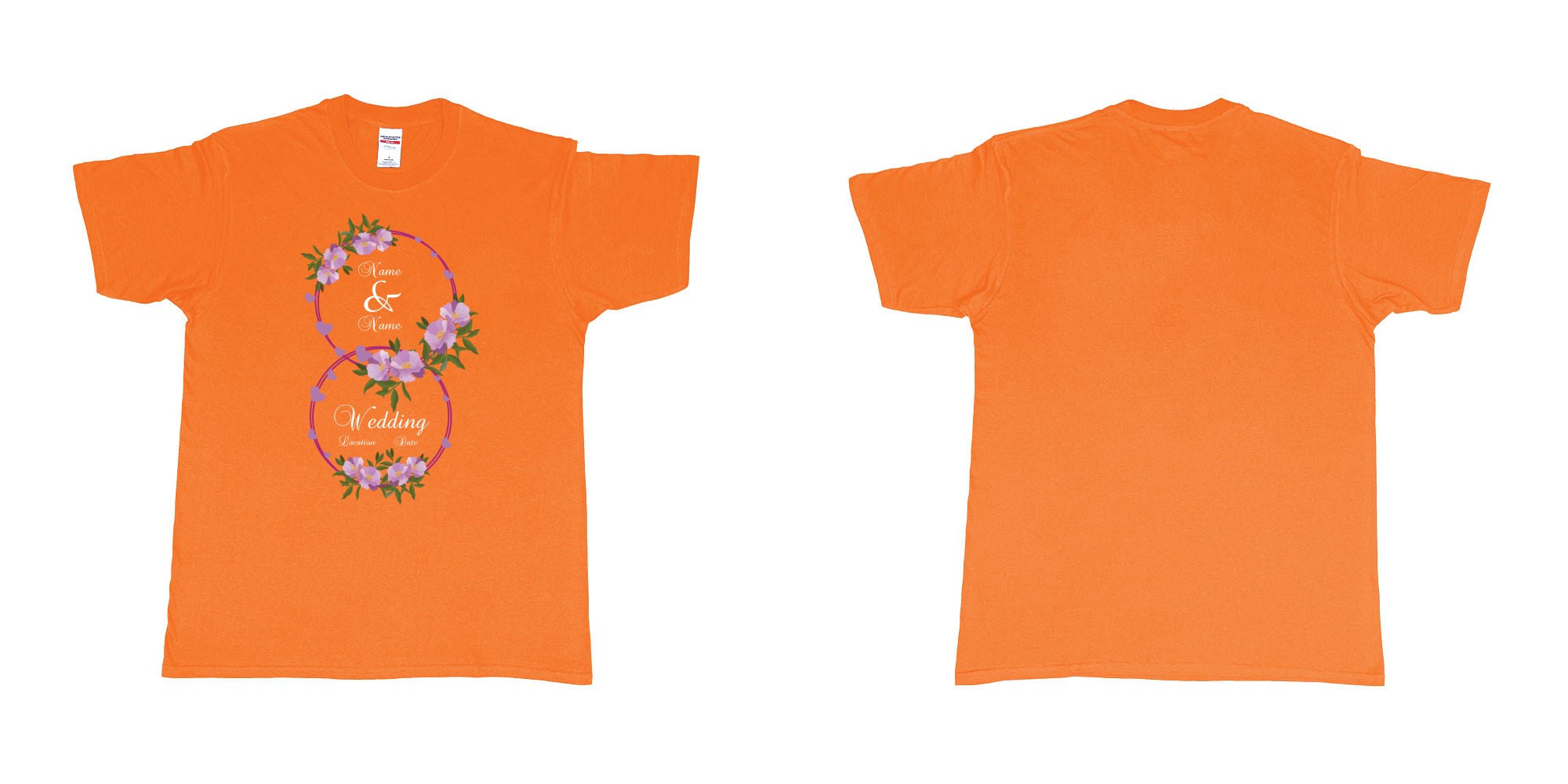 Custom tshirt design wedding hearts flower rings in fabric color orange choice your own text made in Bali by The Pirate Way