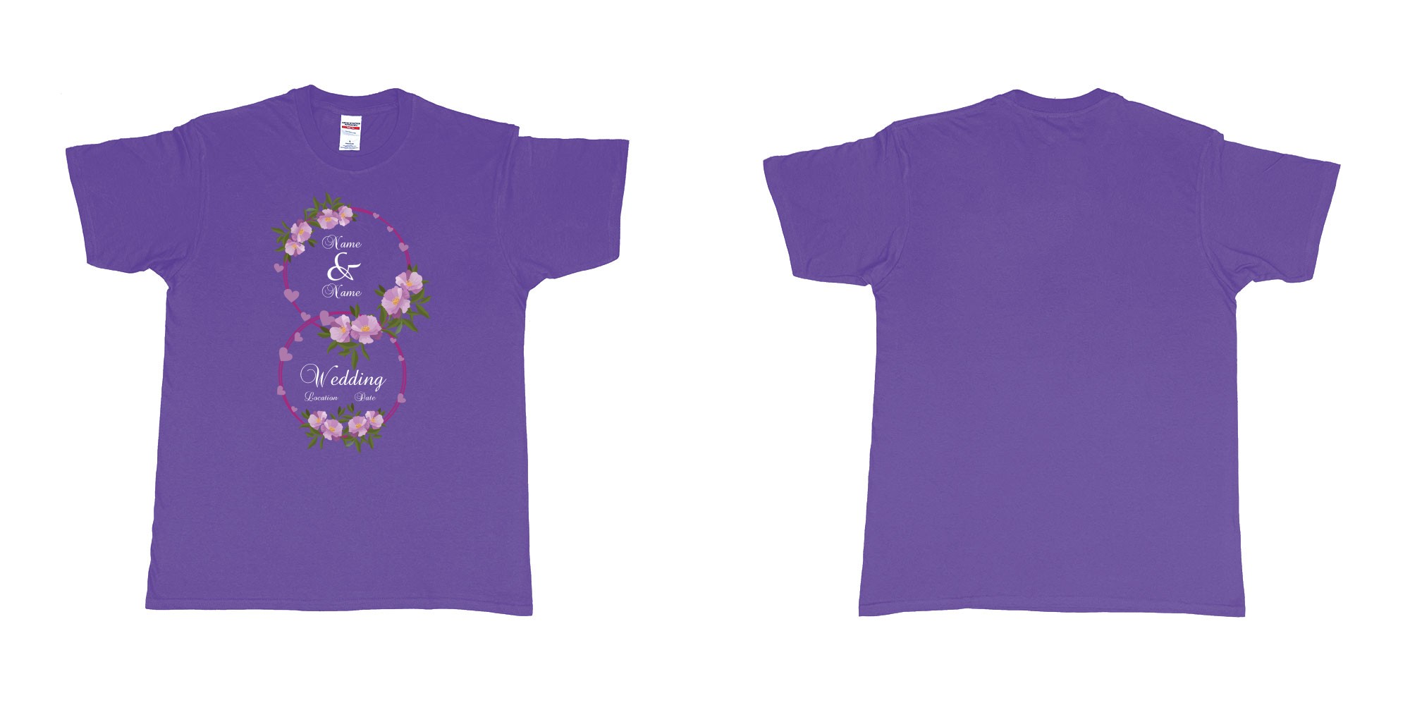 Custom tshirt design wedding hearts flower rings in fabric color purple choice your own text made in Bali by The Pirate Way