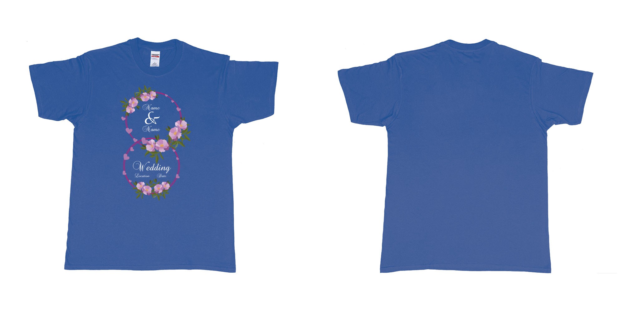 Custom tshirt design wedding hearts flower rings in fabric color royal-blue choice your own text made in Bali by The Pirate Way