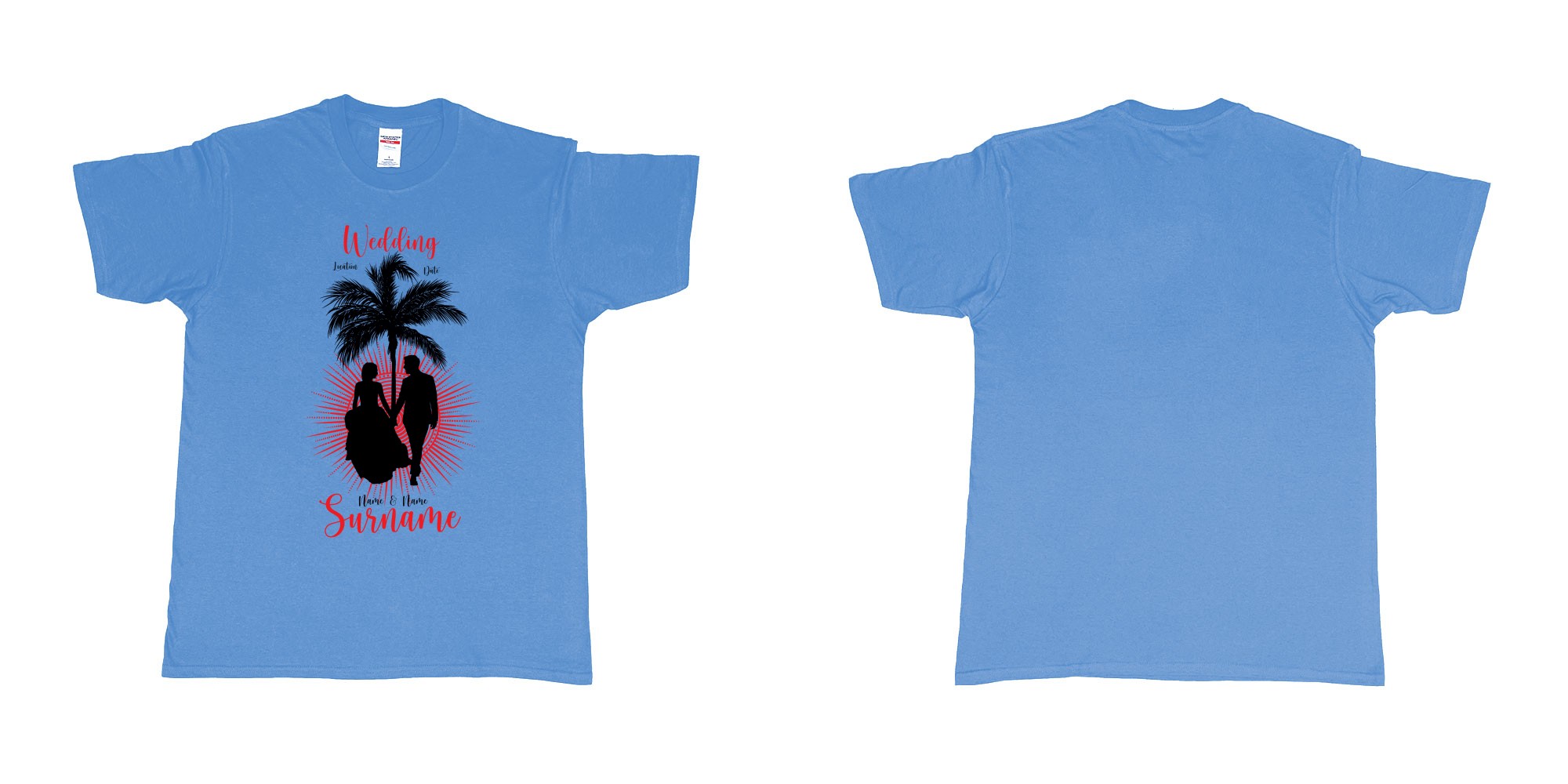 Custom tshirt design wedding palm sun bali in fabric color carolina-blue choice your own text made in Bali by The Pirate Way