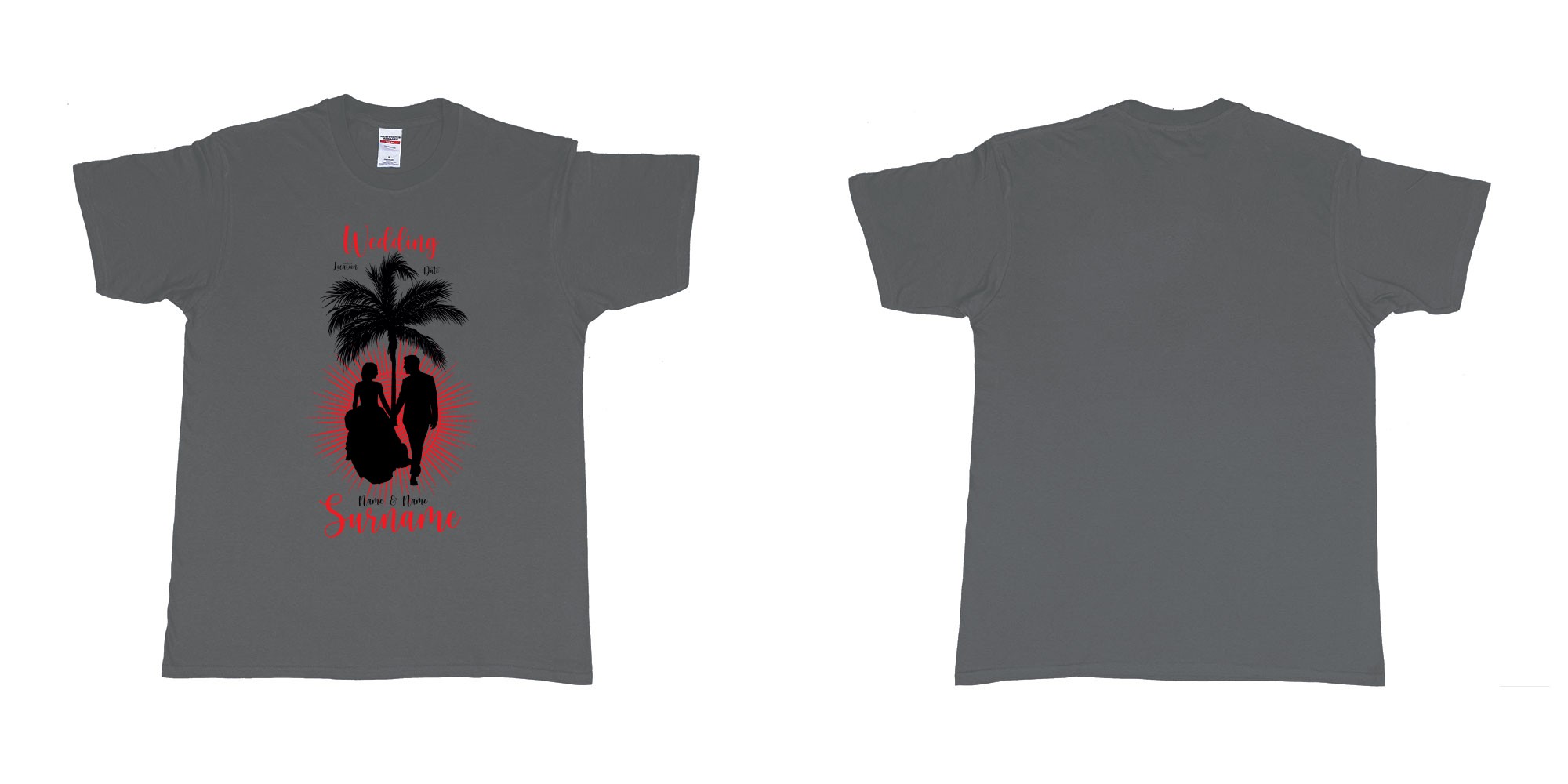 Custom tshirt design wedding palm sun bali in fabric color charcoal choice your own text made in Bali by The Pirate Way