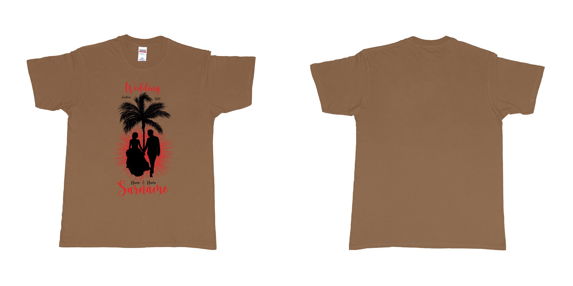 Custom tshirt design wedding palm sun bali in fabric color chestnut choice your own text made in Bali by The Pirate Way