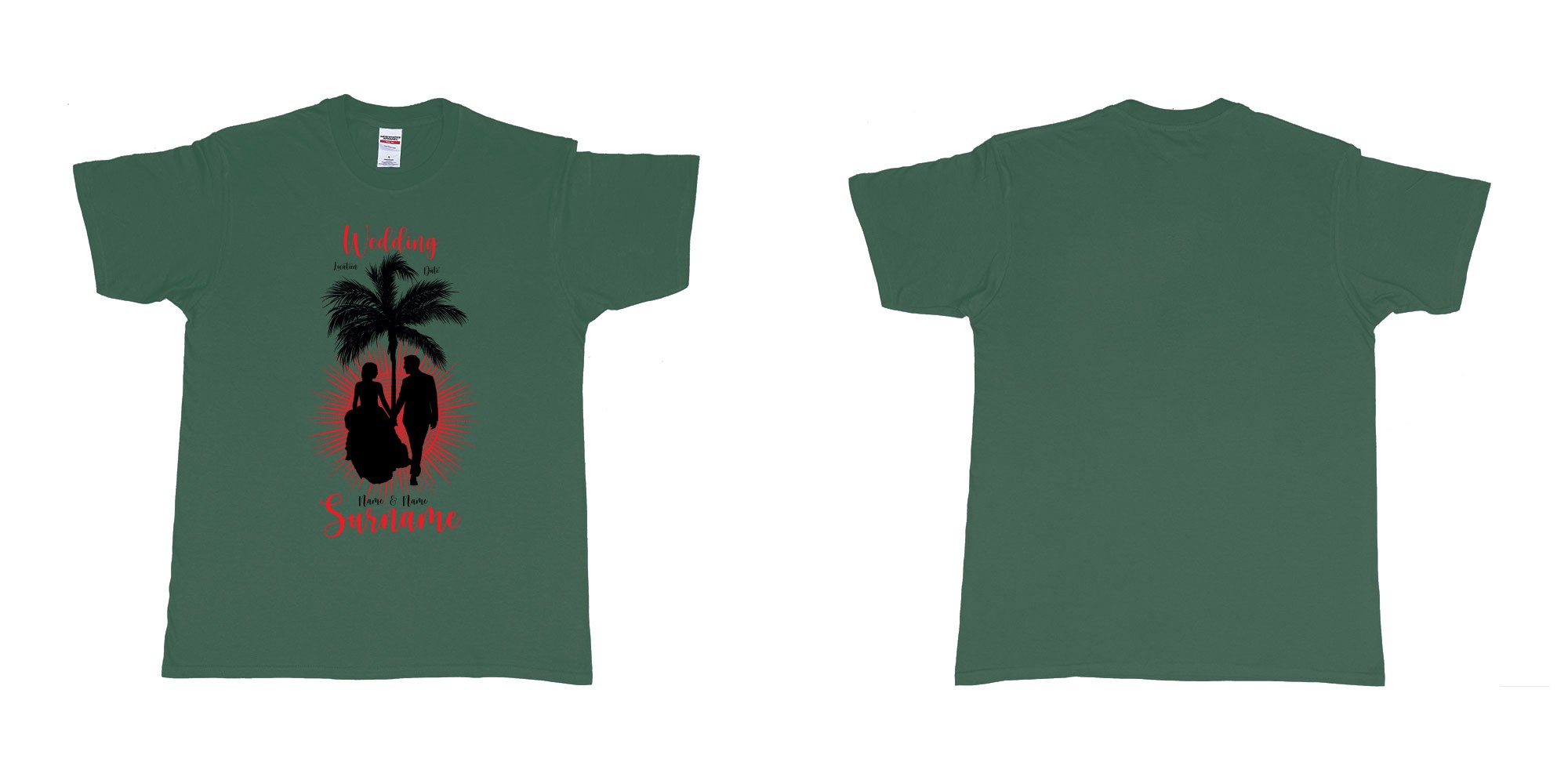 Custom tshirt design wedding palm sun bali in fabric color forest-green choice your own text made in Bali by The Pirate Way