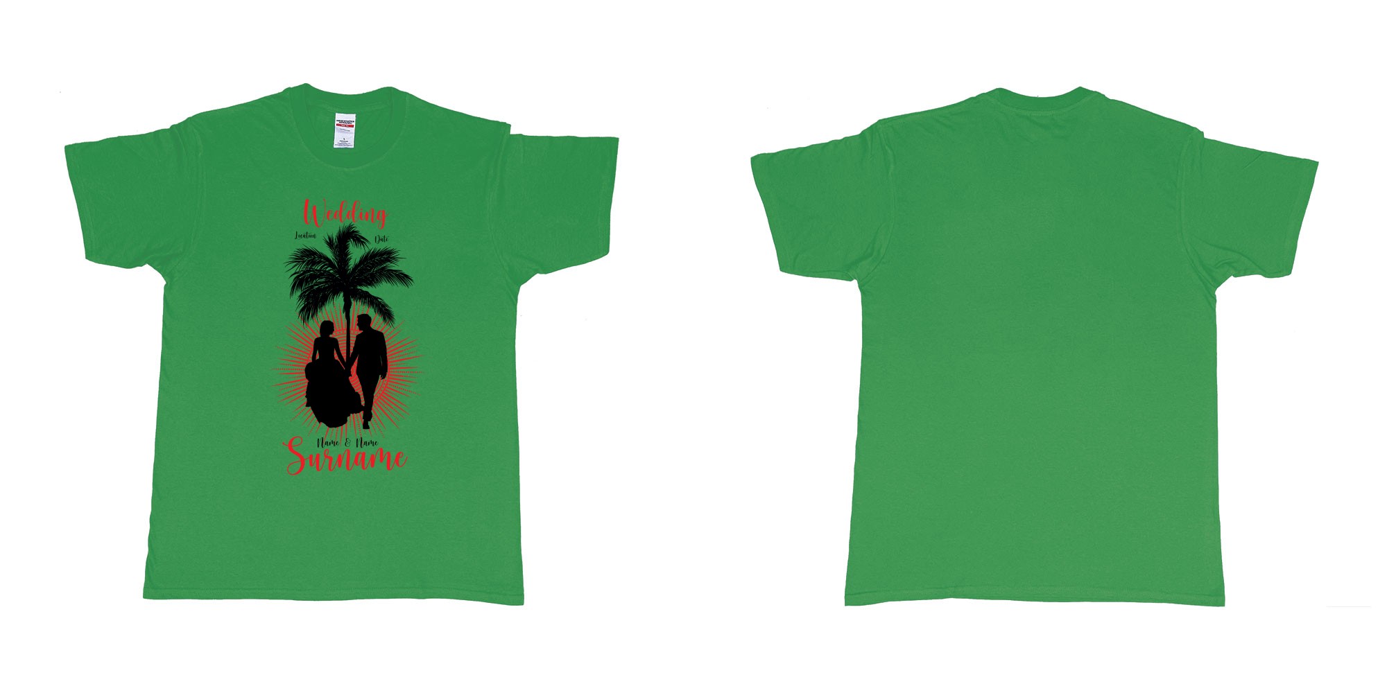 Custom tshirt design wedding palm sun bali in fabric color irish-green choice your own text made in Bali by The Pirate Way