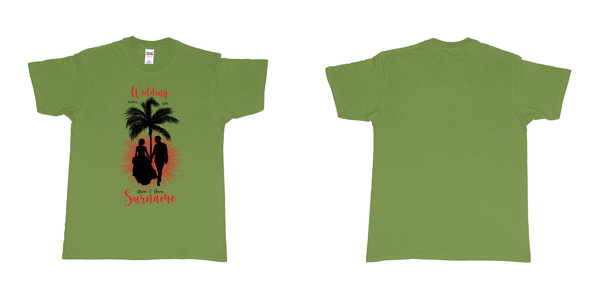Custom tshirt design wedding palm sun bali in fabric color military-green choice your own text made in Bali by The Pirate Way