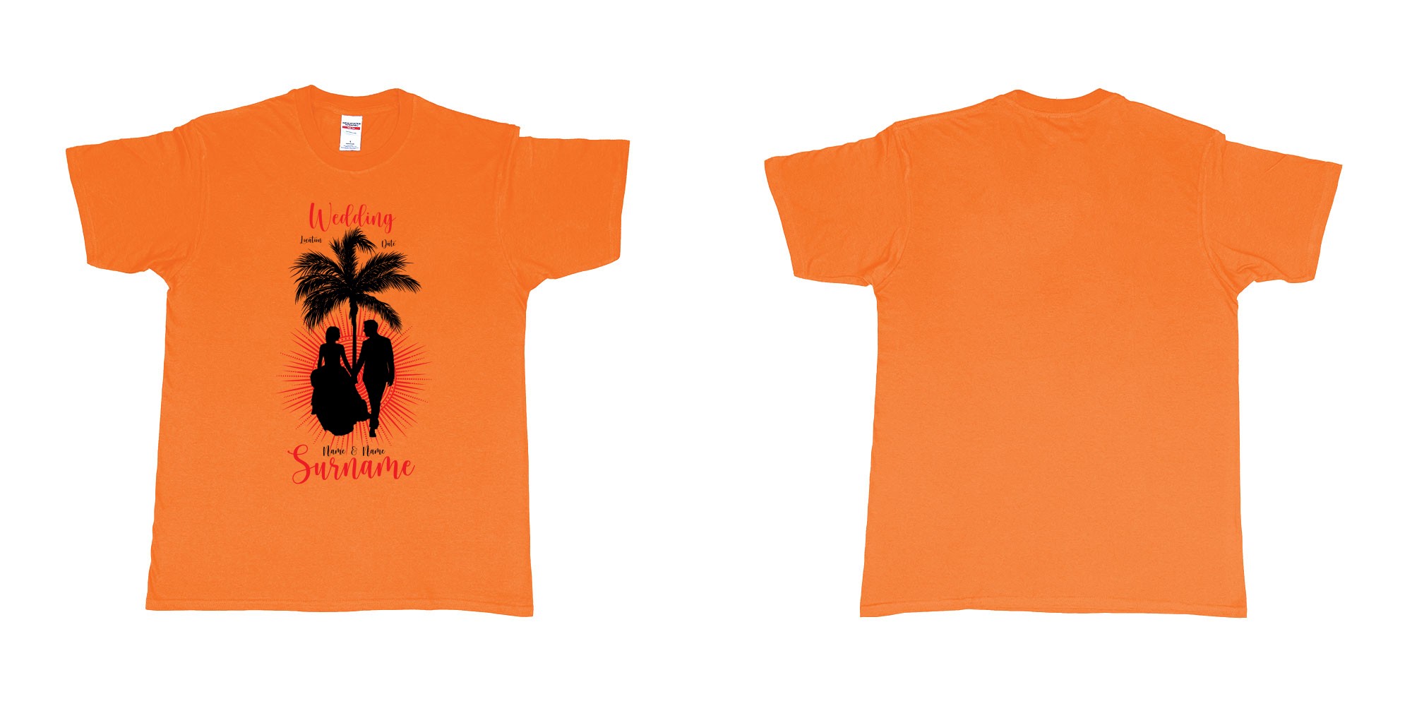 Custom tshirt design wedding palm sun bali in fabric color orange choice your own text made in Bali by The Pirate Way