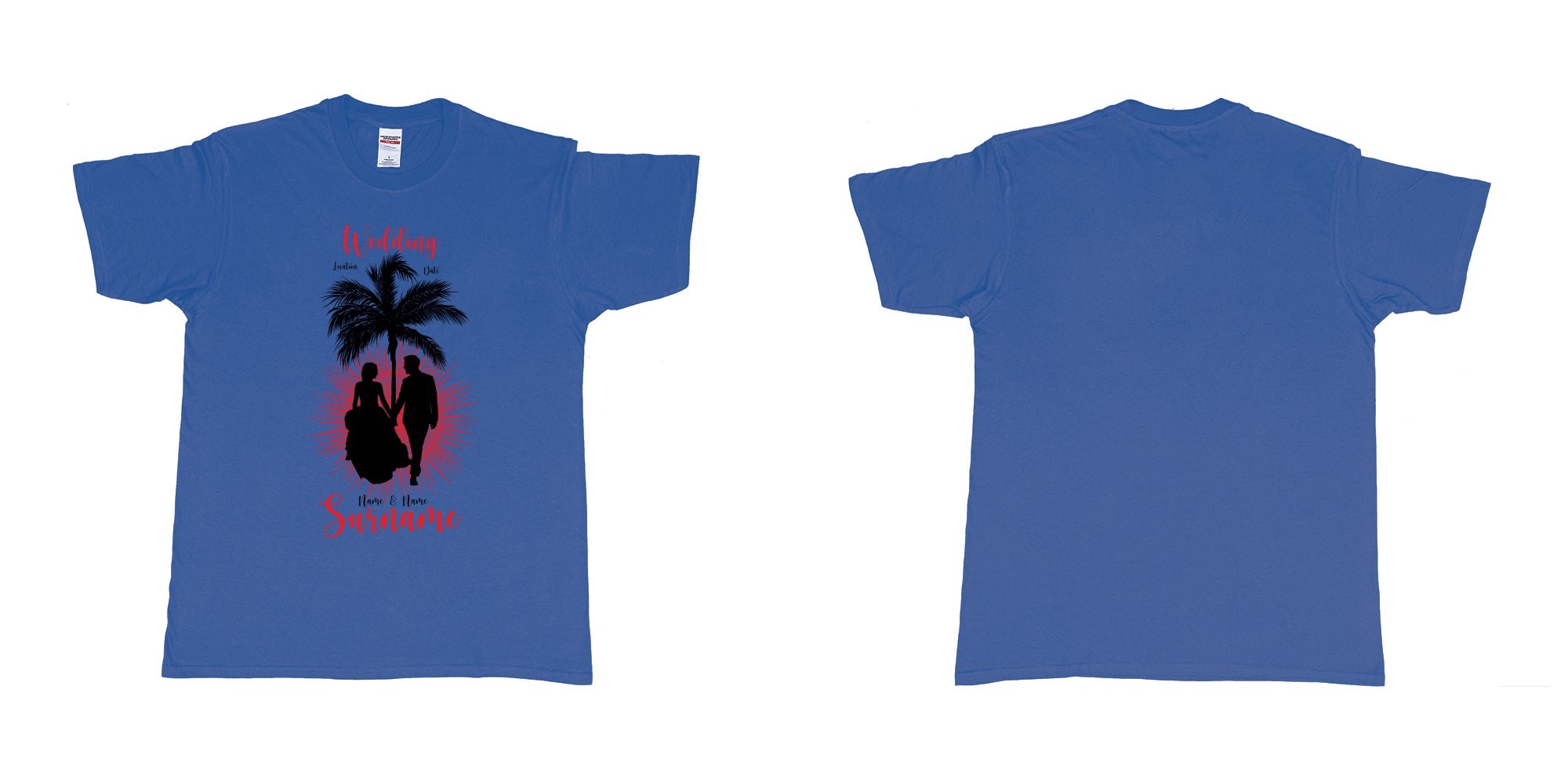 Custom tshirt design wedding palm sun bali in fabric color royal-blue choice your own text made in Bali by The Pirate Way