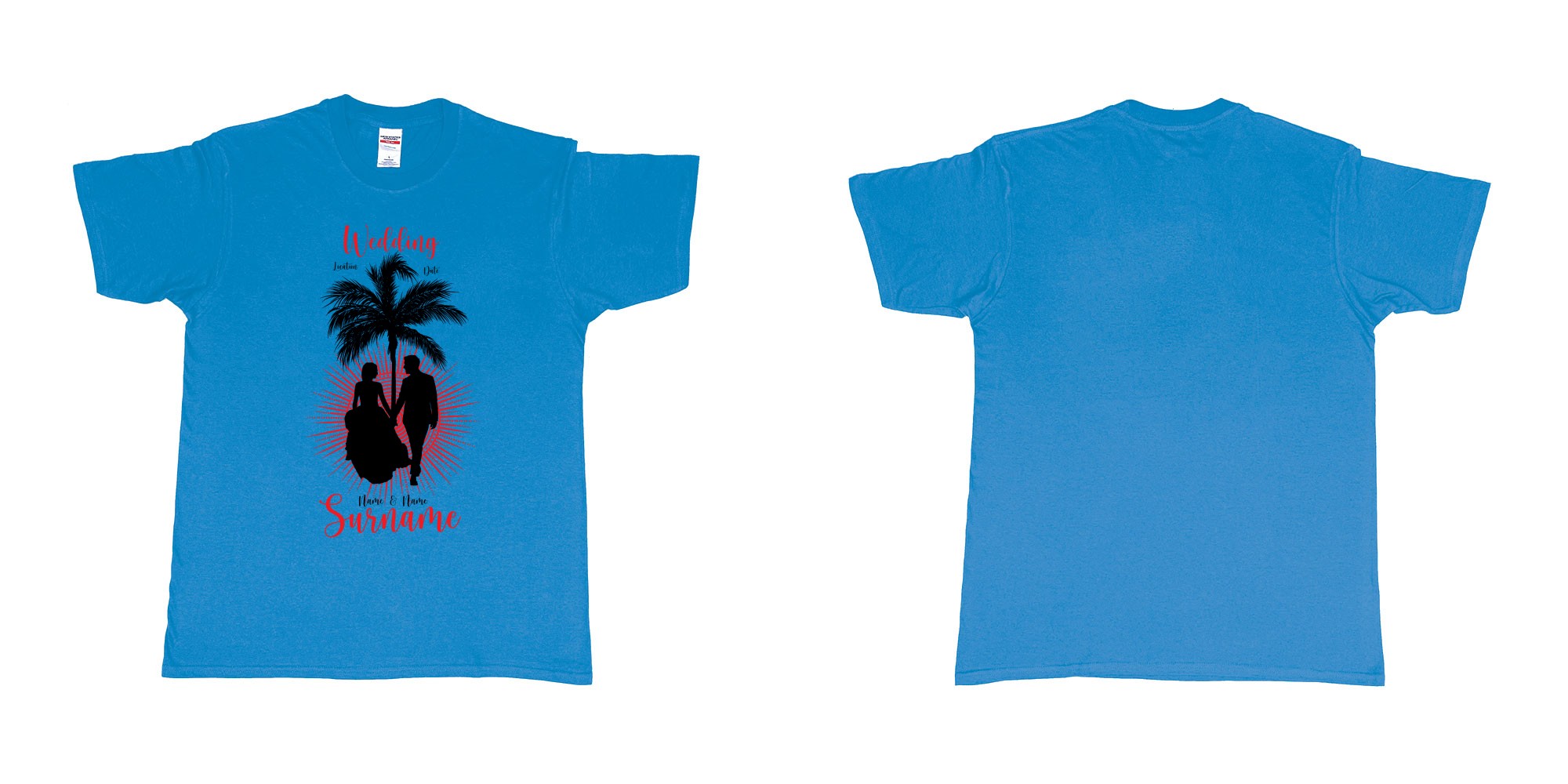 Custom tshirt design wedding palm sun bali in fabric color sapphire choice your own text made in Bali by The Pirate Way