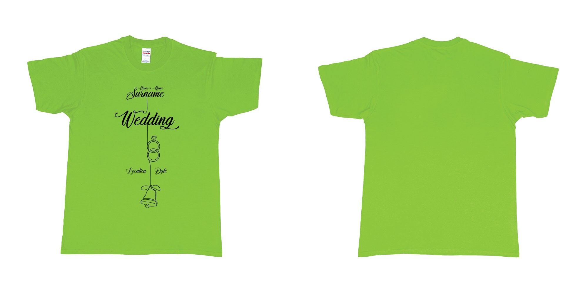 Custom tshirt design wedding string rings bell in fabric color lime choice your own text made in Bali by The Pirate Way