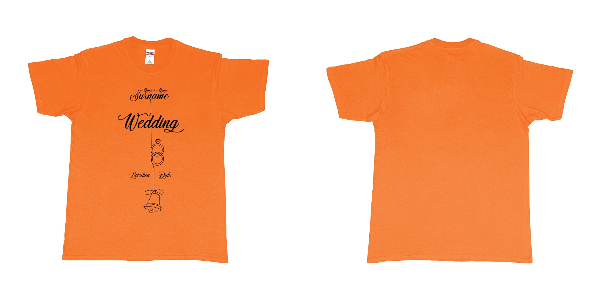 Custom tshirt design wedding string rings bell in fabric color orange choice your own text made in Bali by The Pirate Way