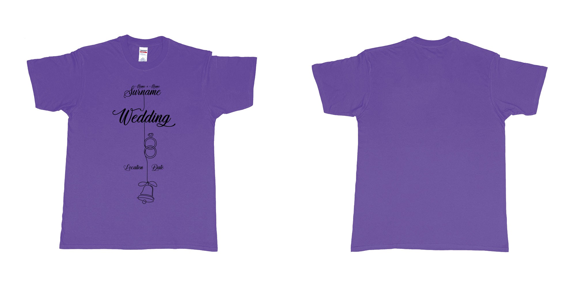 Custom tshirt design wedding string rings bell in fabric color purple choice your own text made in Bali by The Pirate Way
