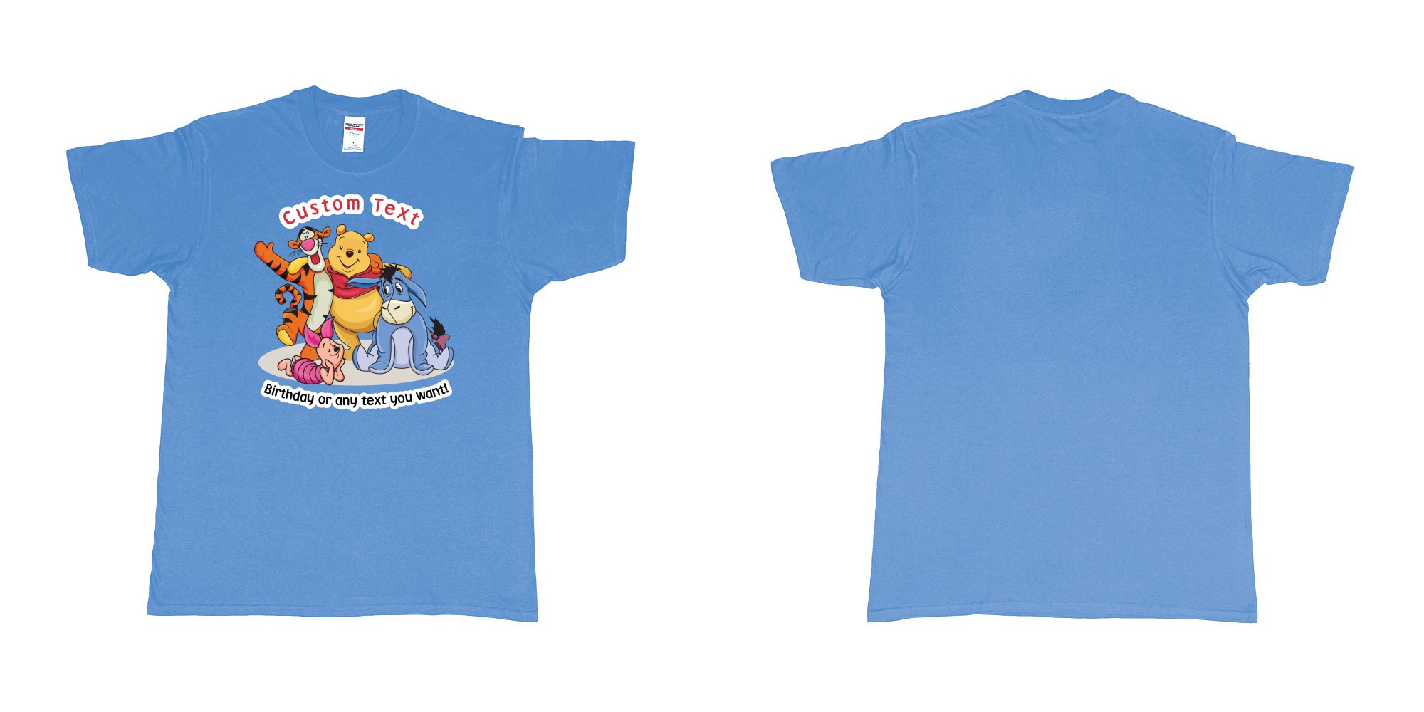 Custom tshirt design winnie the pooh and friend in fabric color carolina-blue choice your own text made in Bali by The Pirate Way