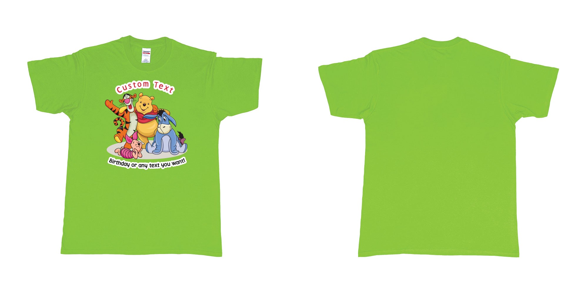 Custom tshirt design winnie the pooh and friend in fabric color lime choice your own text made in Bali by The Pirate Way