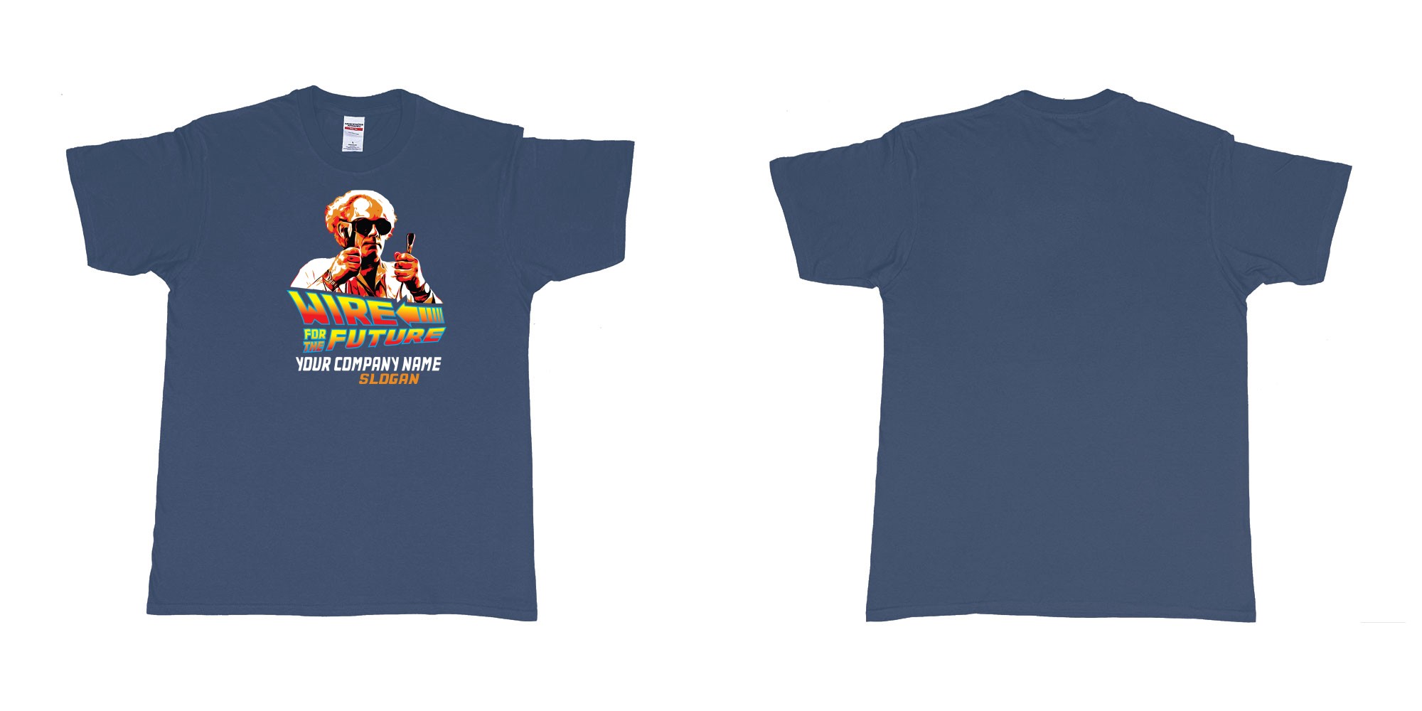 Custom tshirt design wire for the future back to the future electrician sparky in fabric color navy choice your own text made in Bali by The Pirate Way
