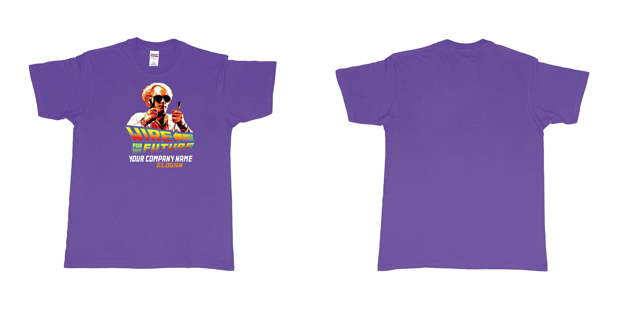 Custom tshirt design wire for the future back to the future electrician sparky in fabric color purple choice your own text made in Bali by The Pirate Way