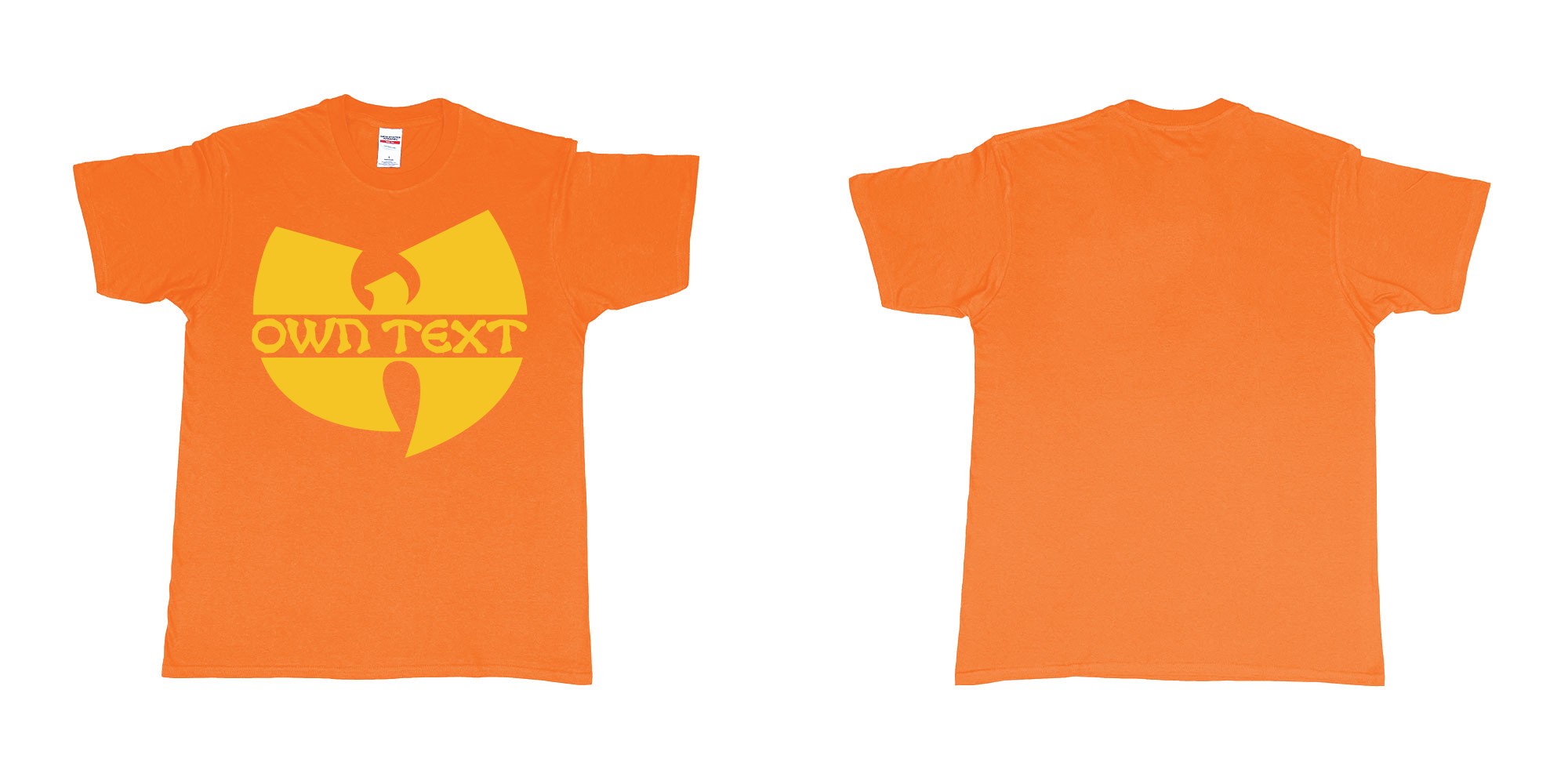 Custom tshirt design wu tang clan logo in fabric color orange choice your own text made in Bali by The Pirate Way