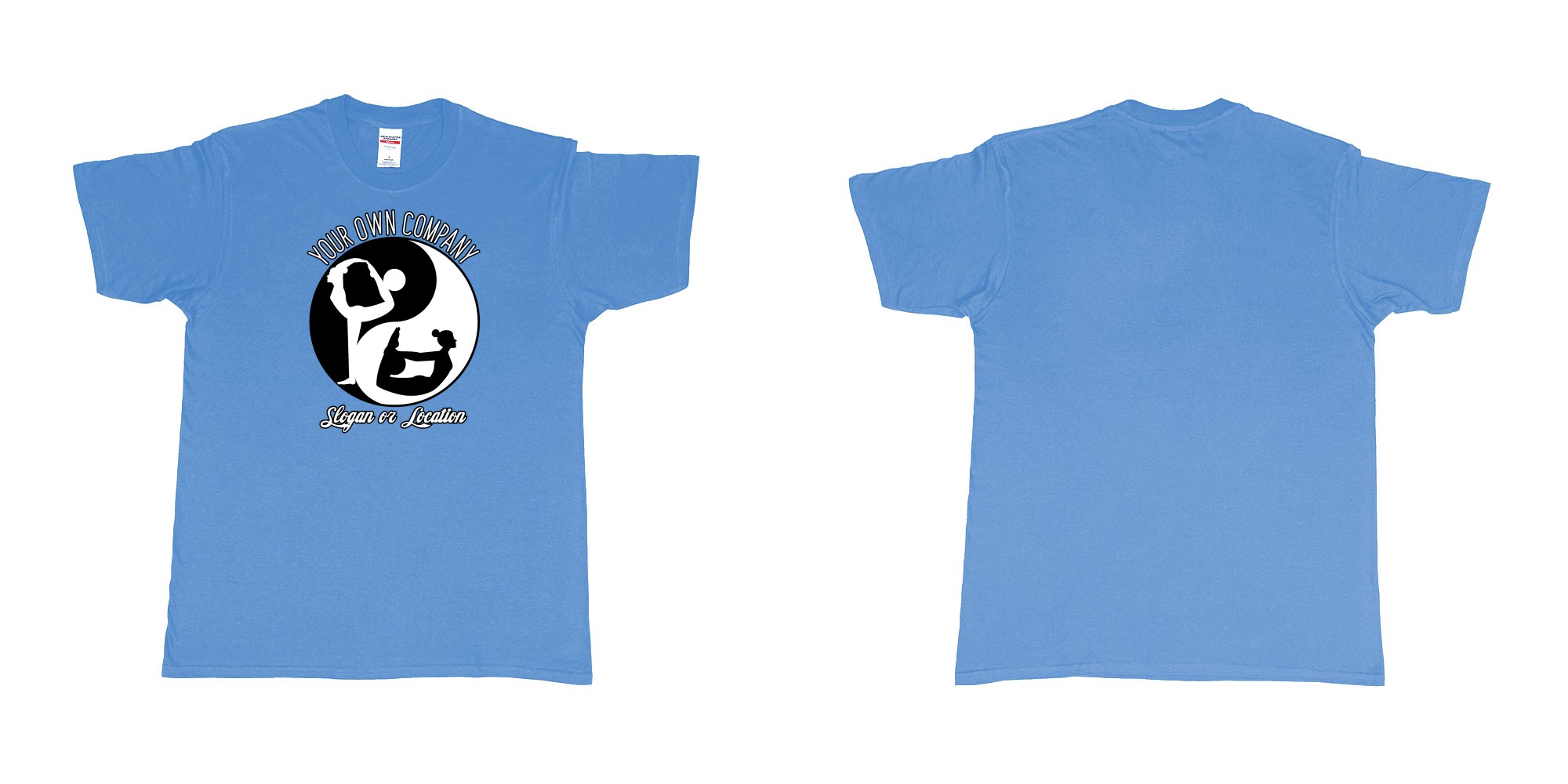 Custom tshirt design yin yang yoga balance custom studio t shirt in fabric color carolina-blue choice your own text made in Bali by The Pirate Way
