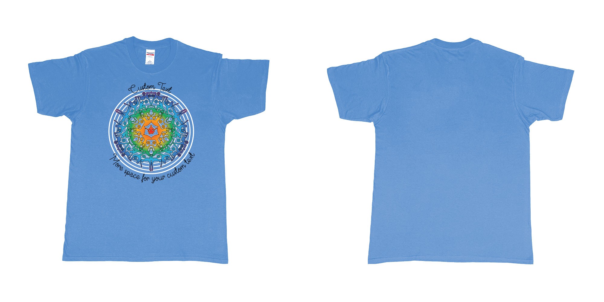 Custom tshirt design yoga mandala in fabric color carolina-blue choice your own text made in Bali by The Pirate Way