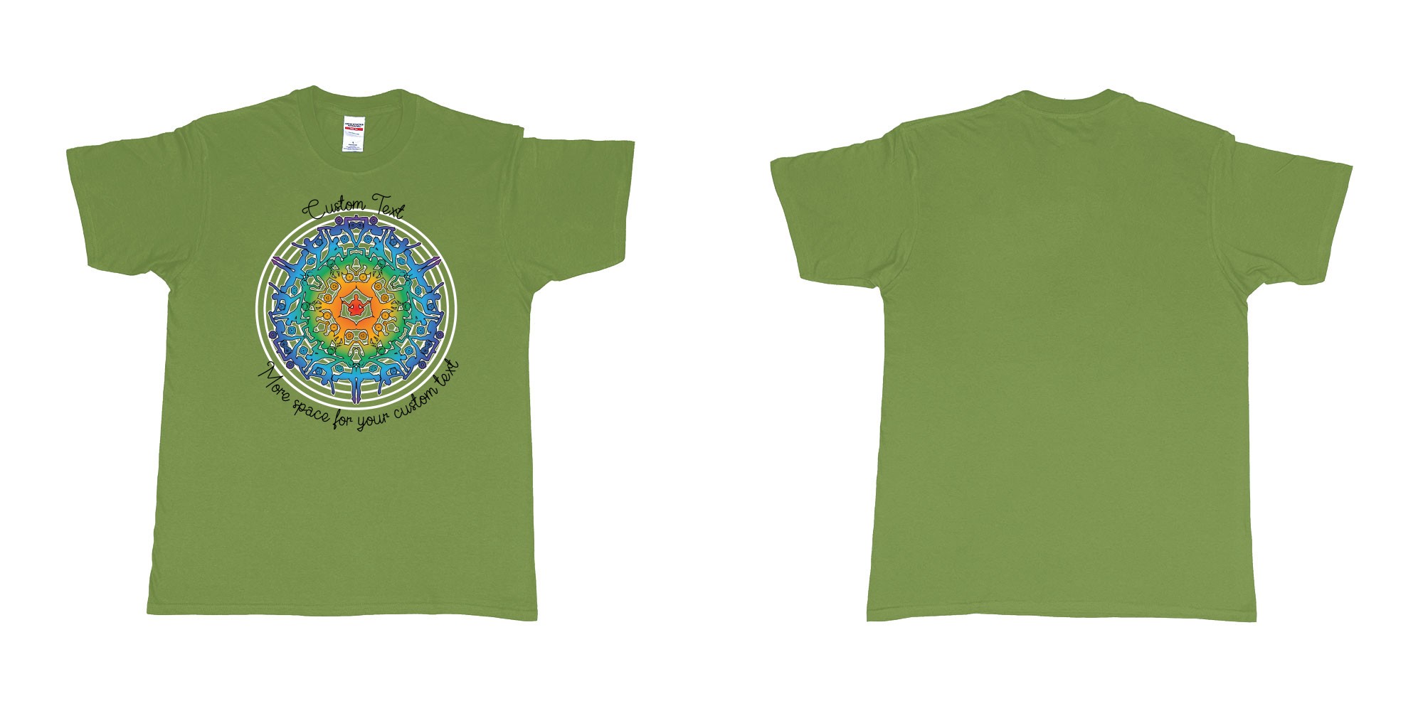 Custom tshirt design yoga mandala in fabric color military-green choice your own text made in Bali by The Pirate Way