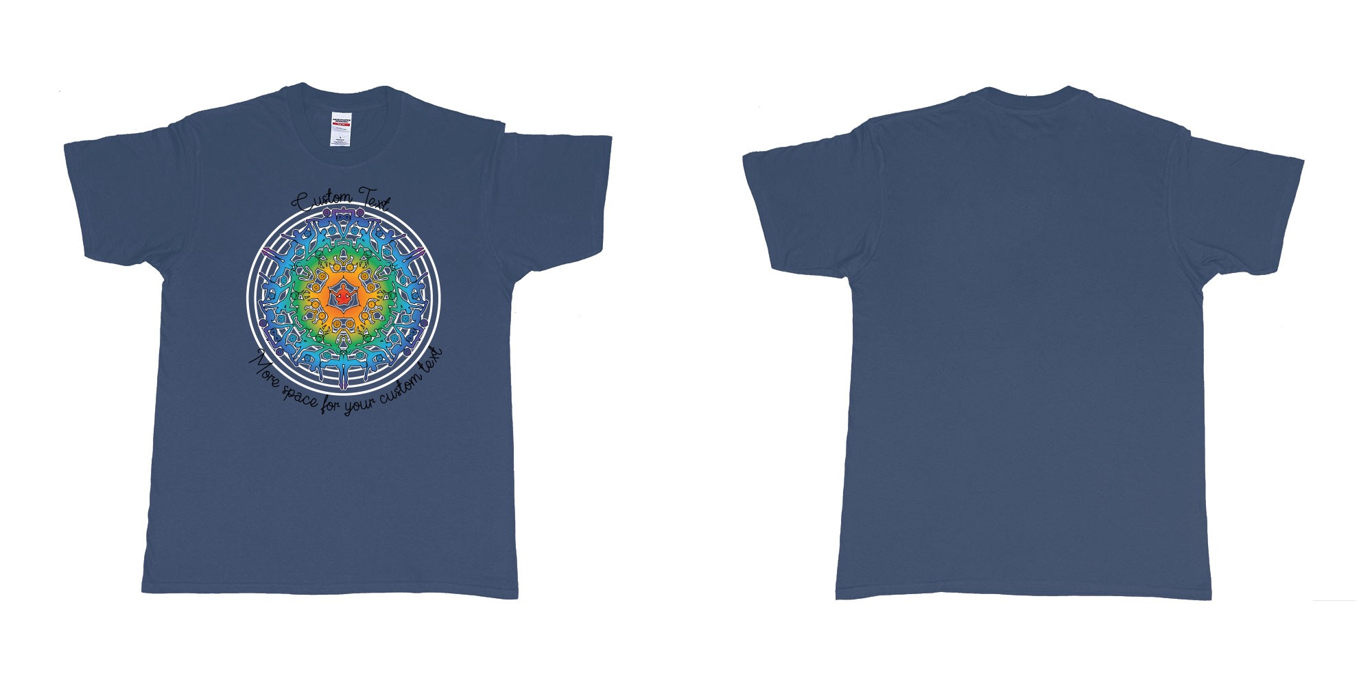 Custom tshirt design yoga mandala in fabric color navy choice your own text made in Bali by The Pirate Way