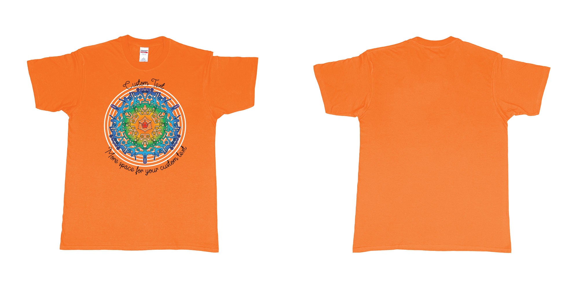 Custom tshirt design yoga mandala in fabric color orange choice your own text made in Bali by The Pirate Way