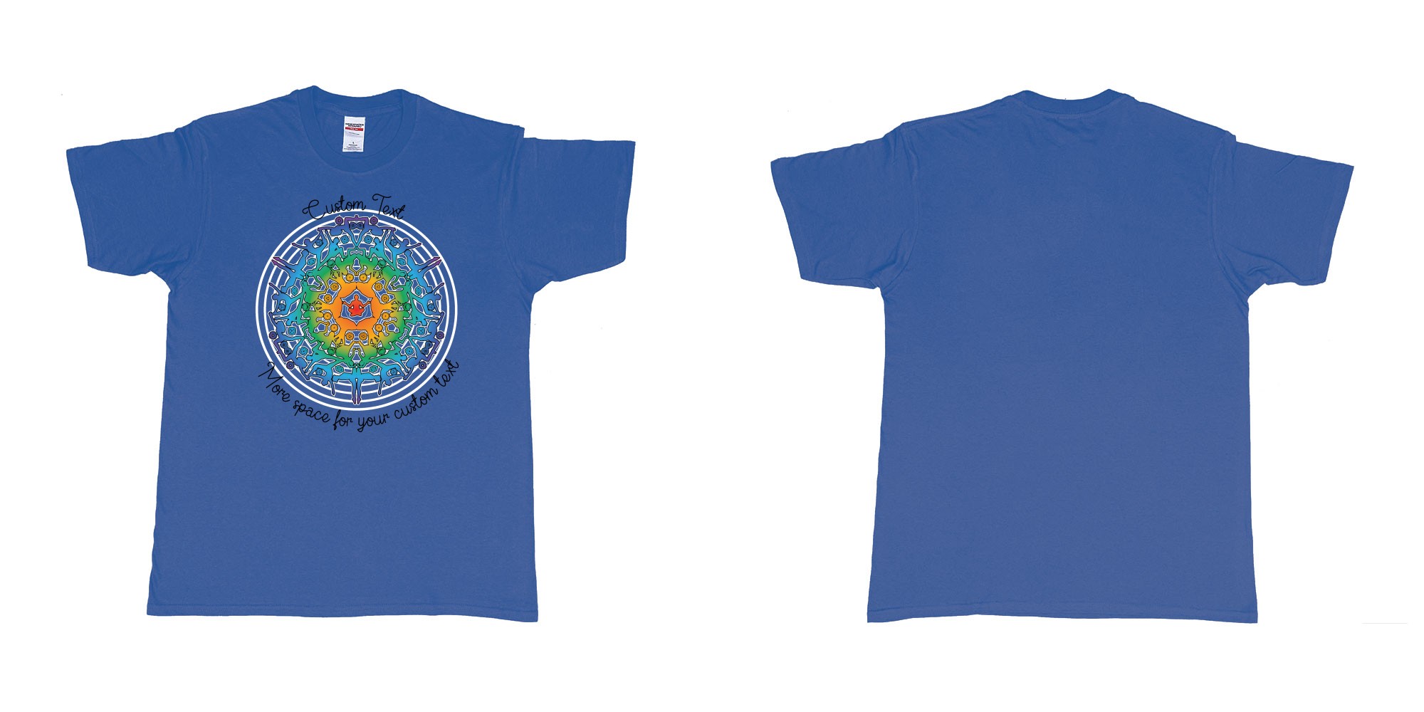 Custom tshirt design yoga mandala in fabric color royal-blue choice your own text made in Bali by The Pirate Way