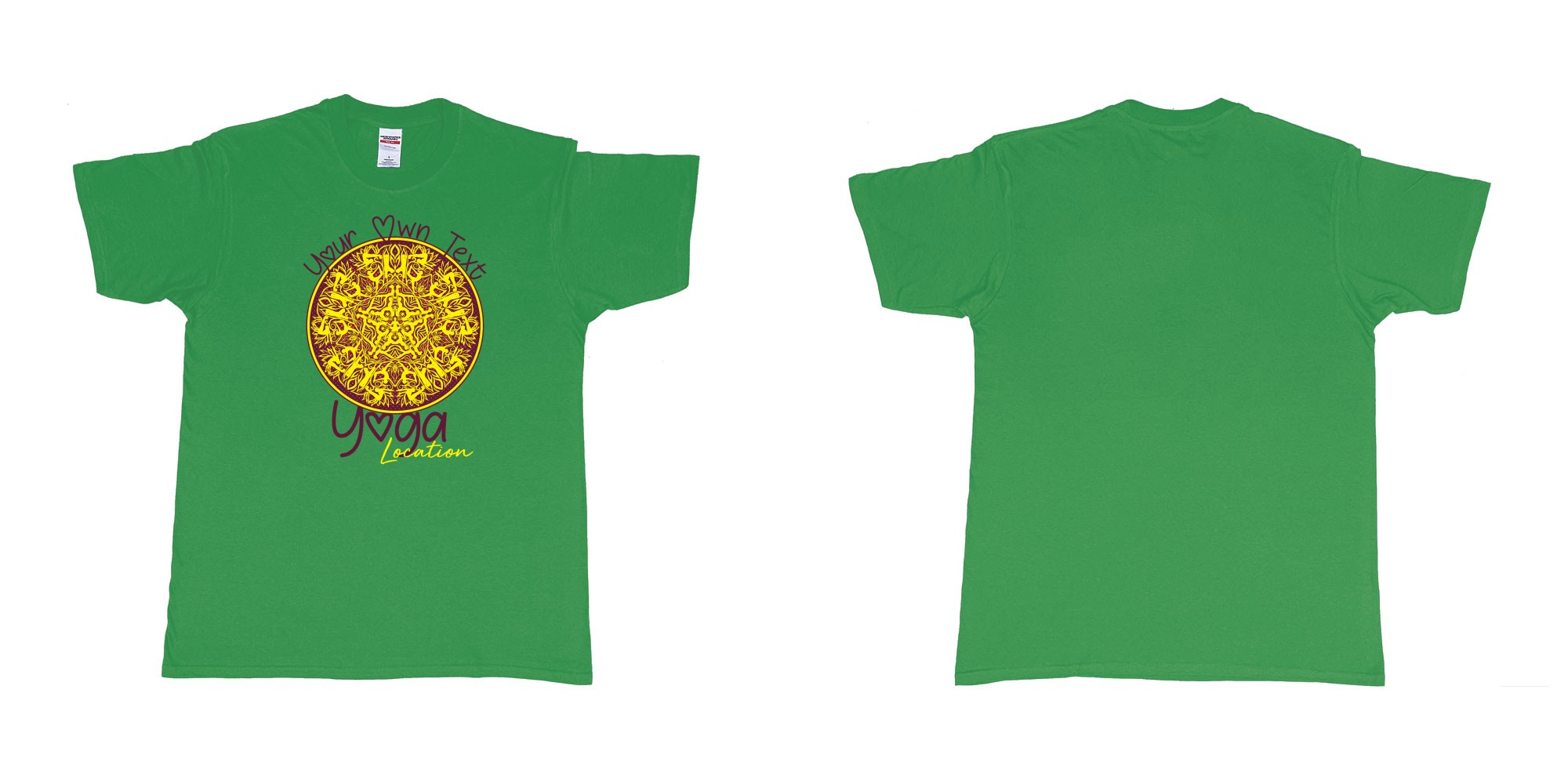 Custom tshirt design yoga mandala with people doing different yoga poses asanas own custom text printing in fabric color irish-green choice your own text made in Bali by The Pirate Way