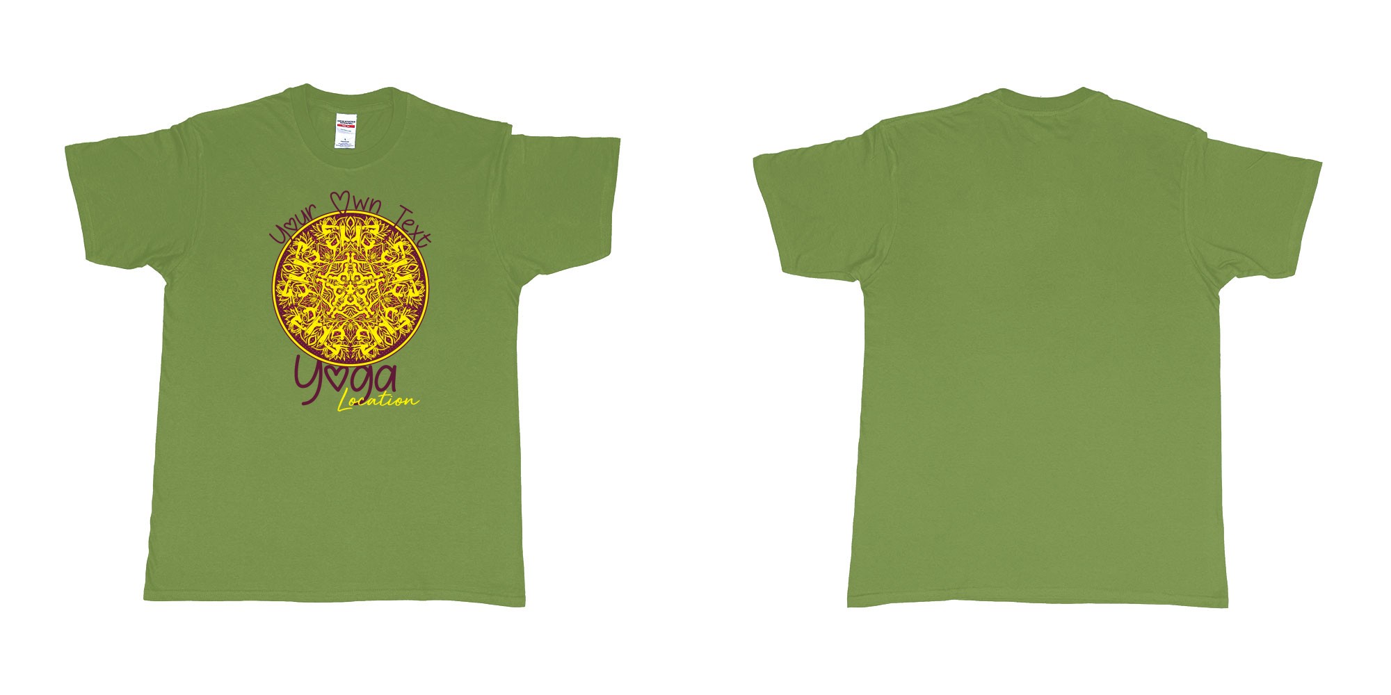 Custom tshirt design yoga mandala with people doing different yoga poses asanas own custom text printing in fabric color military-green choice your own text made in Bali by The Pirate Way