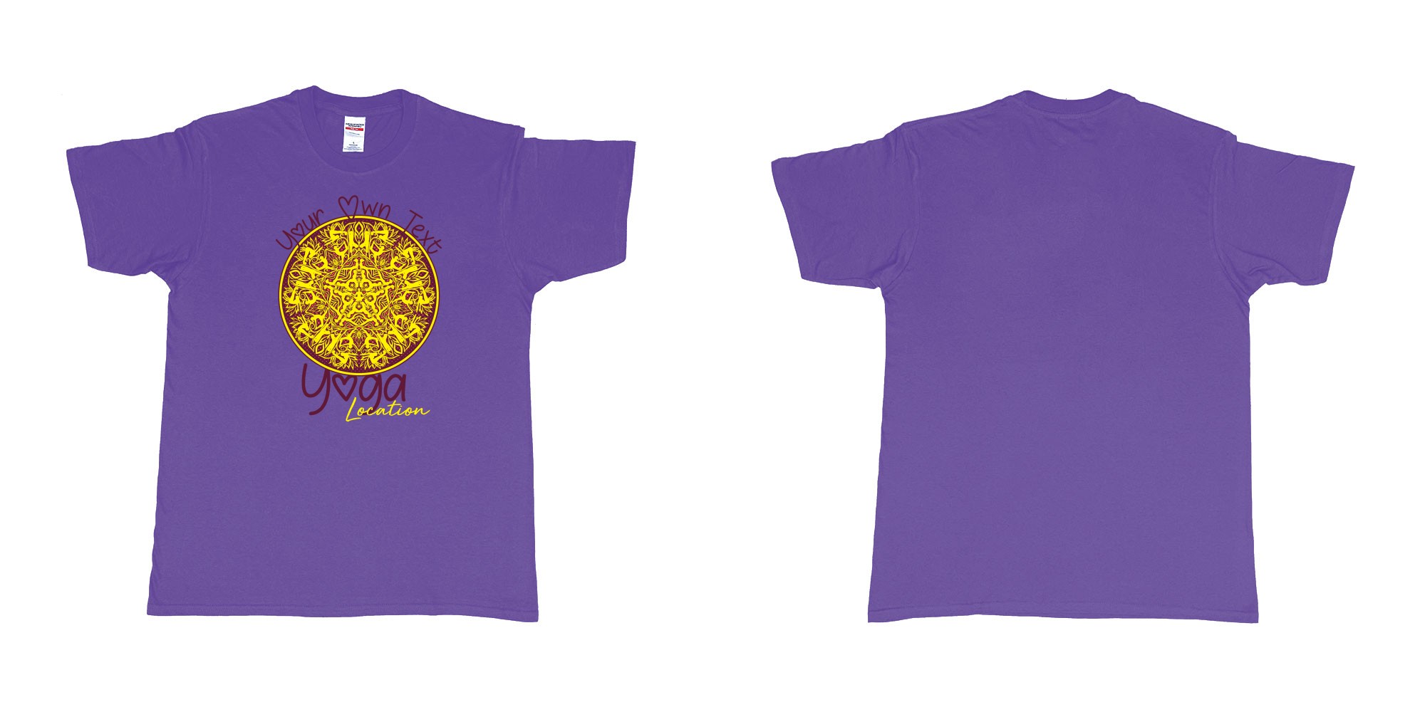 Custom tshirt design yoga mandala with people doing different yoga poses asanas own custom text printing in fabric color purple choice your own text made in Bali by The Pirate Way