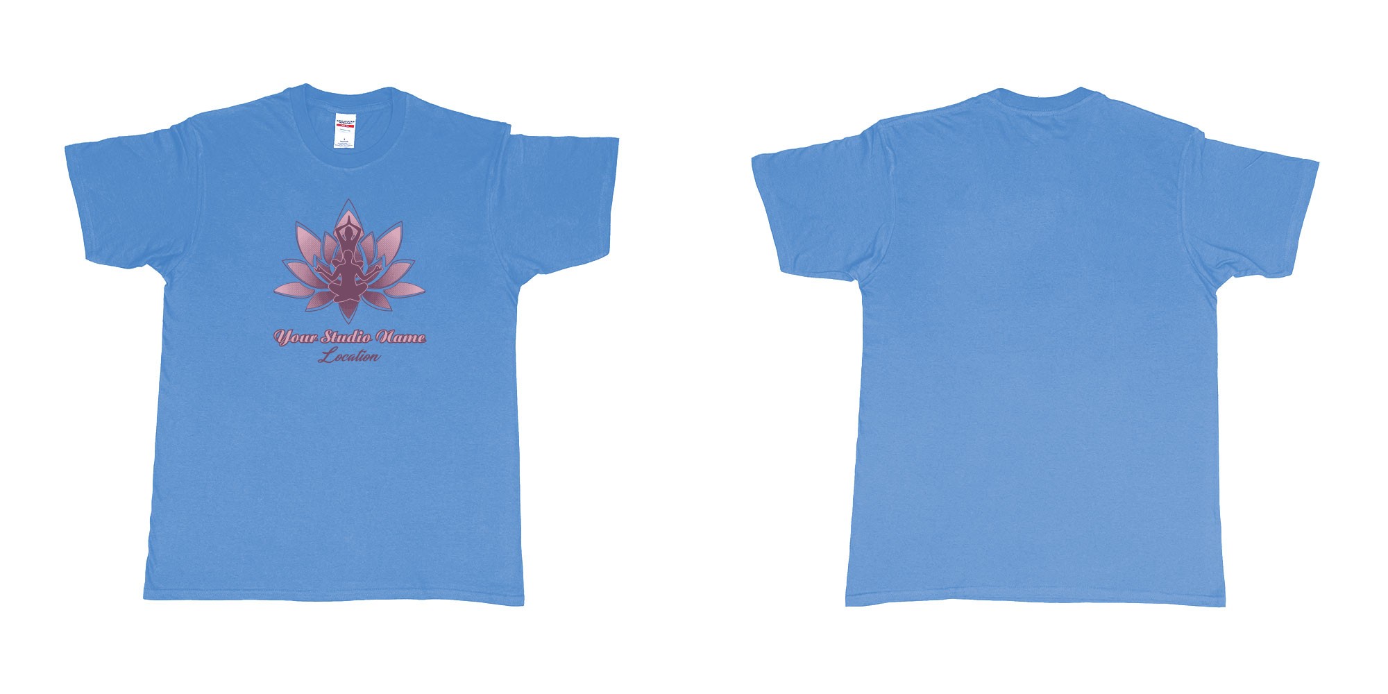Custom tshirt design yoga meditation lotus own studio t shirt screen printing bali in fabric color carolina-blue choice your own text made in Bali by The Pirate Way