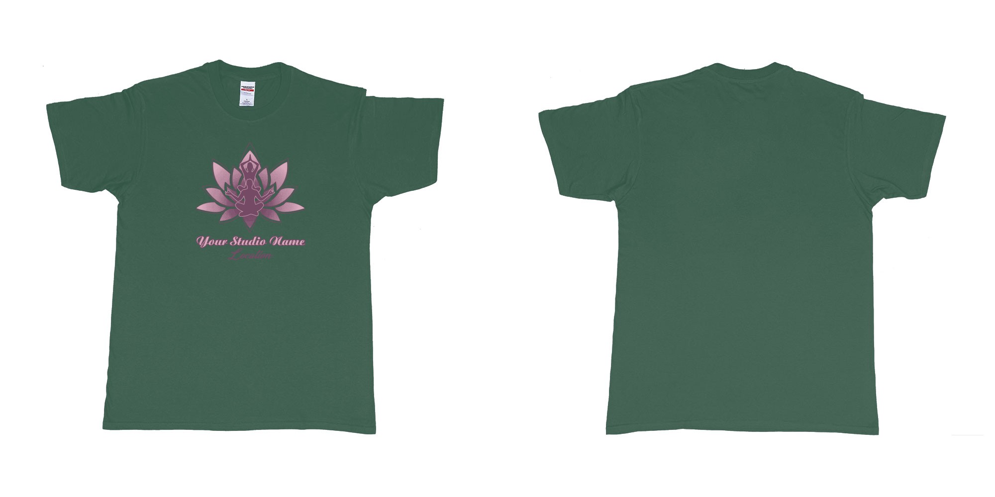 Custom tshirt design yoga meditation lotus own studio t shirt screen printing bali in fabric color forest-green choice your own text made in Bali by The Pirate Way