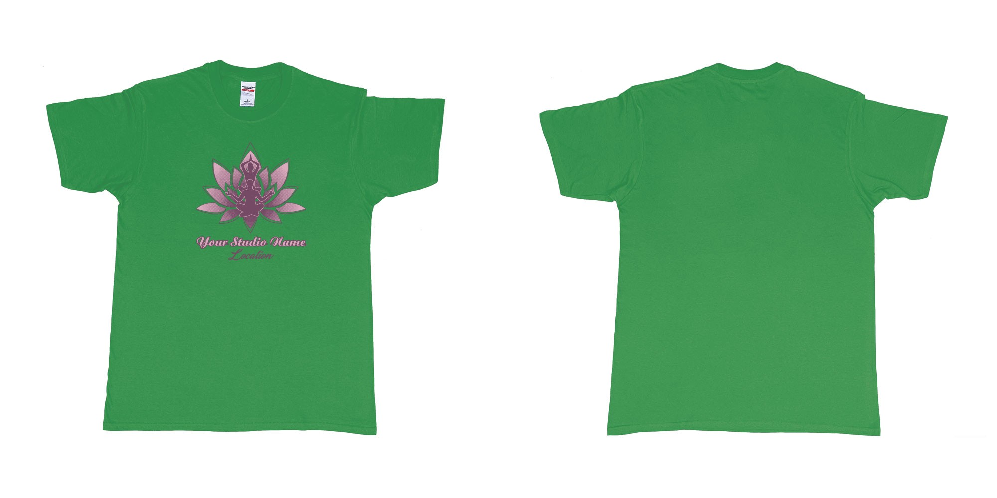 Custom tshirt design yoga meditation lotus own studio t shirt screen printing bali in fabric color irish-green choice your own text made in Bali by The Pirate Way